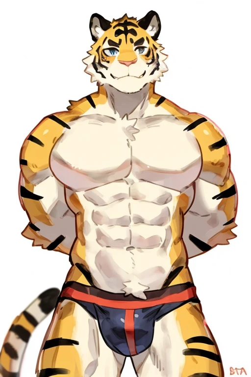 Furry, Anthro, Tiger , Male, E621, Standing, Muscular, Hands behind back, Wearing underwear, Plain background, Front view, Light fur, by buta99