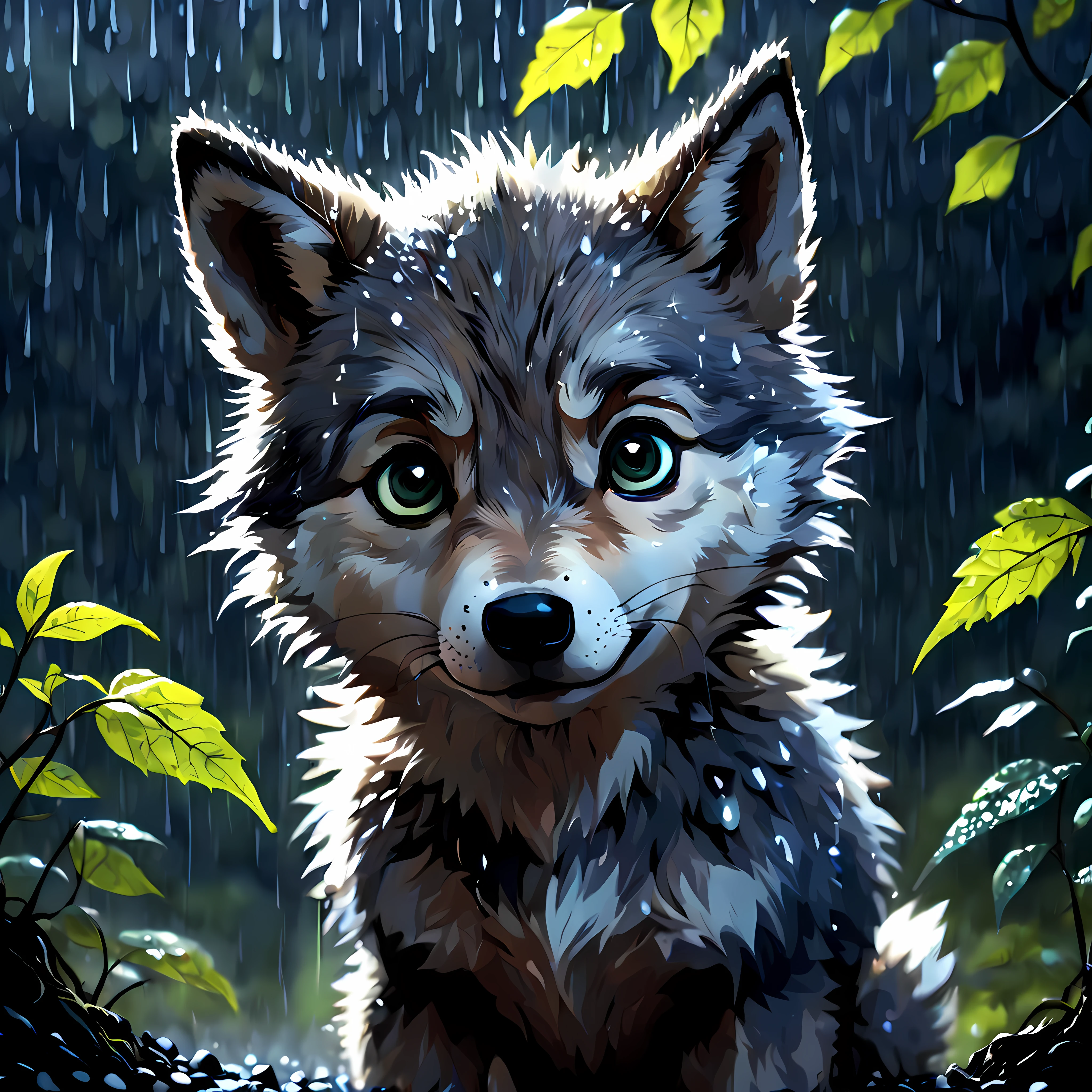 Cute Cartoon, CuteCartoonAF, (cute cartoon style:1.3), (solo:1.3), (close up:1.3), cute and ((((sorrowful)))) wolf cub captures, heavy (((rain))) pouring down creating a misty ambiance, gazing directly at the viewer with its big soulful eyes. heartwrenching scene in the depths of a dark deep forest, cold ((night)), wet fur and droplets of rain cascading off its body, forest enveloped in shadows and mystery, with tall trees and dense foliage adding to the sense of isolation, soft moonlight barely pierce through the canopy, casting an ethereal glow and enhancing the melancholic atmosphere, (((dirt))), ((lightning))