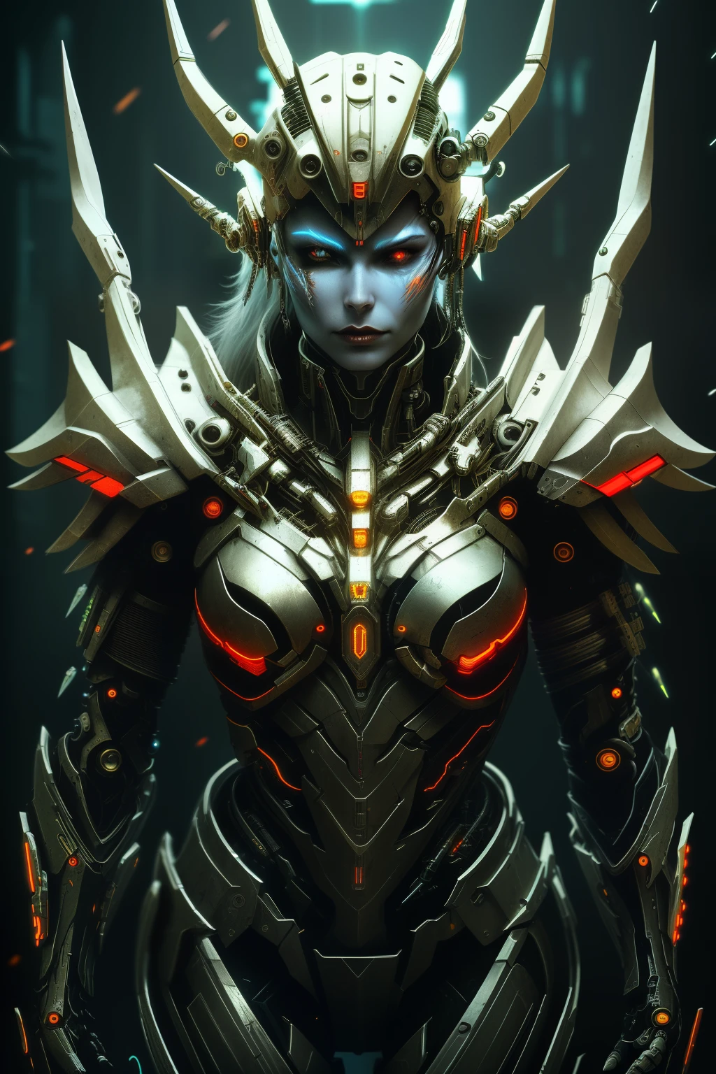 [SH4G0D:1], a beautiful cyborg warrior girl cyberpunk sensual vampiric beautiful body beautiful face in big breasts bionic legs bionic arms armor in an intricate futuristic cyberpunk city ultra detailed 8k extremely realistic[cabelo fluorescente:1]