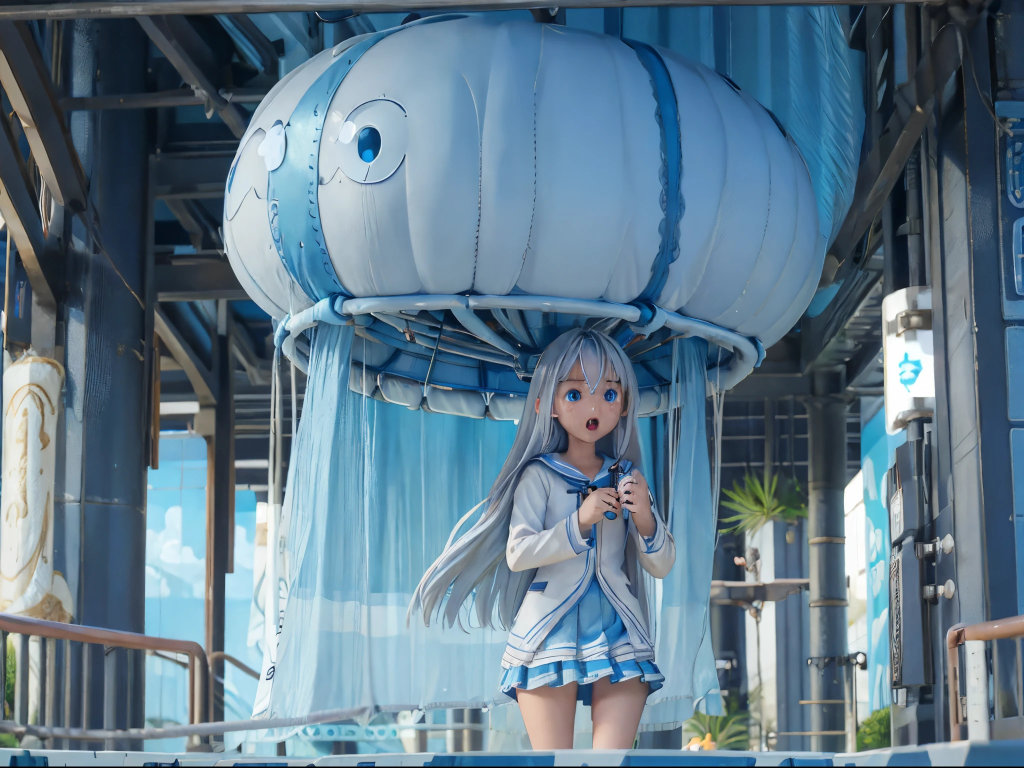 (masterpiece), realistic, cinematic light,15 year old girl, ride on a waterslide with a giant stuffed crab, splash, at Disneyland, ultra miniskirt, full body, from below and side, beautiful eyes, silver hair, perfect anatomy, very cute, (blue eyes), bio luminescent, 8 class large, 8K, human hands, character sheets, concept-art, smooth and detailed hairstyle, Fractal art, god rays, eyes shed tears while holding back the pain, open mouth and stick your tongue out, UFO, rainbows, naked