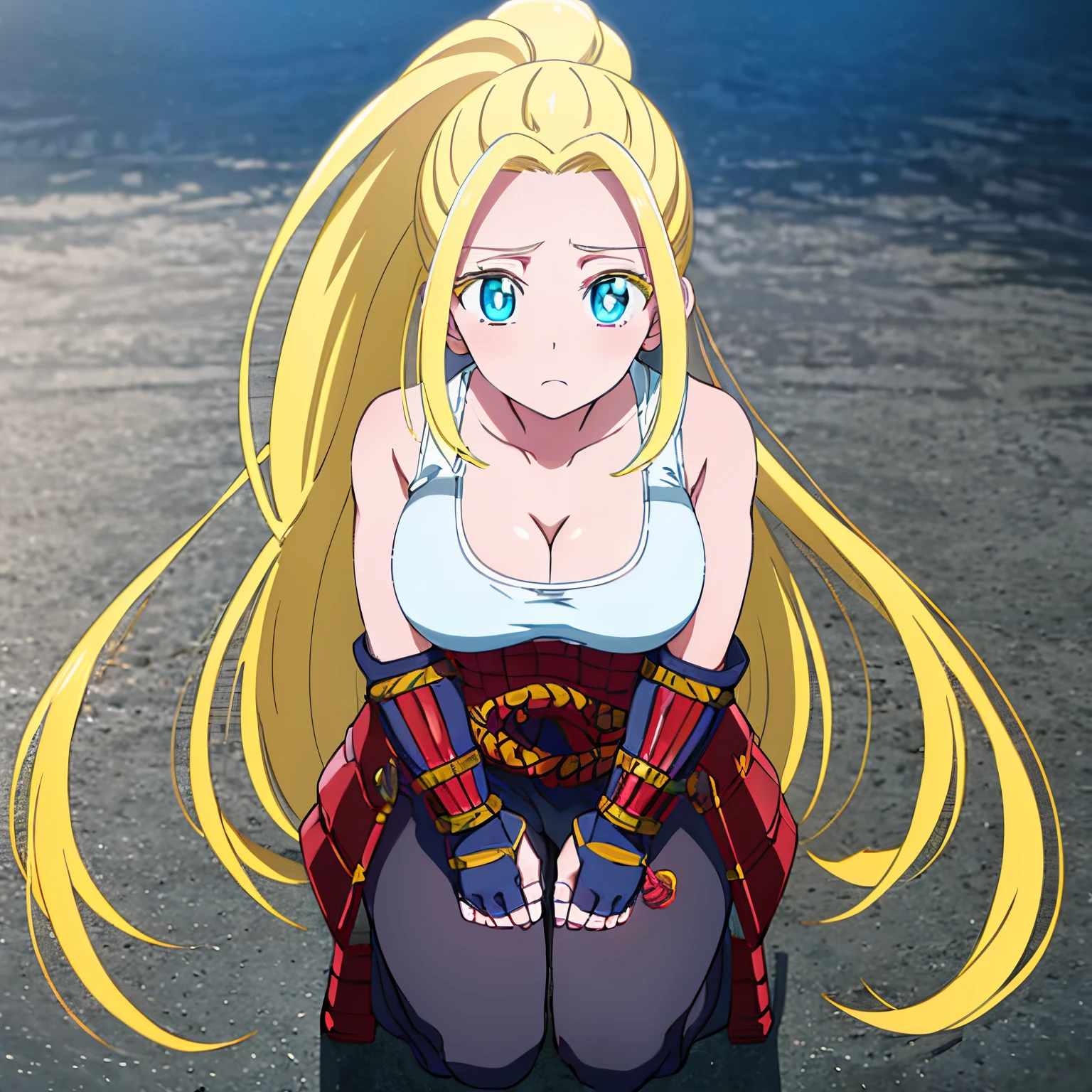 1girl,alone, beatrix amerhauser, long hair, blue eyes, blonde hair, gloves, ponytail, (huge tits), (medium waist), (wide hips), (wide thighs), gloves, fingerless gloves, armor, Japanese armor, tank top, white tank top, cleavage, collarbone, looking at viewer, outdoors, (masterpiece: 1.2), best quality, high resolution, Unity 8k wallpaper, (artwork: 0.8), ( beautiful detailed eyes: 1.6), extremely detailed face, perfect lighting, extremely detailed CG (perfect hands, perfect anatomy), (full body), (busty)