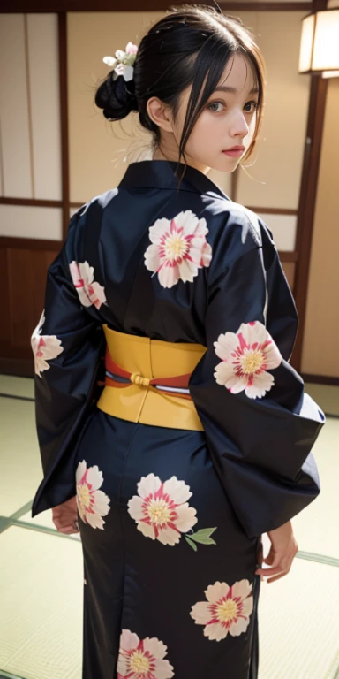 (masutepiece, Best Quality:1.4), Beautiful face, 8K, 85 mm, absurderes, ((FULL BODYSHOT:1.3))、((captured from behind:1.4))、((traditional Japanese room、With futon))、(Floral pattern long-sleeved kimono:1.4), violaceaess, gardeniass, Delicate girl, Solo, layered haircut style、Night, Looking at Viewer, Upper body, Film grain, chromatic abberation, Sharp Focus, face lights, Professional Lighting, Sophisticated, (Smile:0.4), (Simple background, Bokeh background:1.2), Detail Face