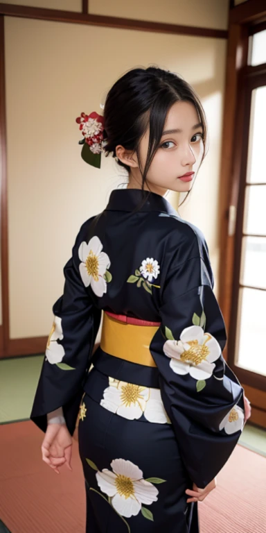 (masutepiece, Best Quality:1.4), Beautiful face, 8K, 85 mm, absurderes, ((FULL BODYSHOT:1.3))、((captured from behind:1.4))、((traditional Japanese room、With futon))、(Floral pattern long-sleeved kimono:1.4), violaceaess, gardeniass, Delicate girl, Solo, layered haircut style、Night, Looking at Viewer, Upper body, Film grain, chromatic abberation, Sharp Focus, face lights, Professional Lighting, Sophisticated, (Smile:0.4), (Simple background, Bokeh background:1.2), Detail Face