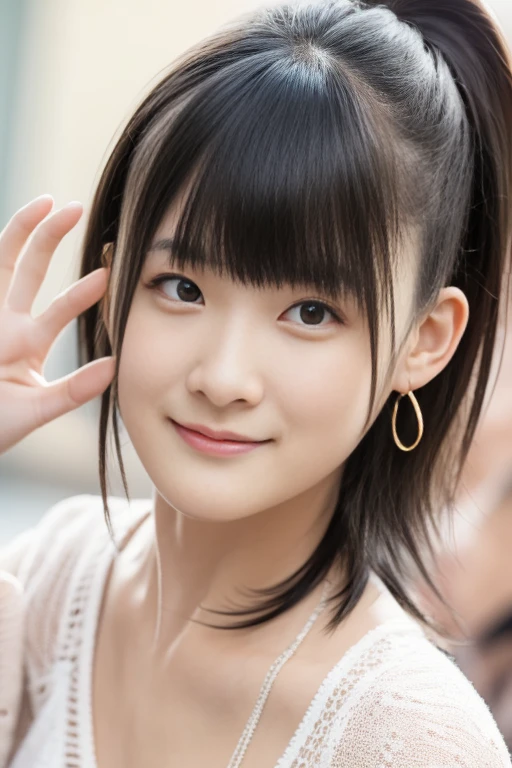 (Best Quality,masuter piece:1.2)Perfect and ultimate idol,Artist Photos,perfect detailed,Cute anime girl,with round face,Perfect and beautiful face,Realistic,Photorealistic,Live action,a cool,small tits,Detailed face,1girl in,Solo,Bright background,Beautiful girl in casual clothes,5-Fingers,Correct fingers,frontage,Focus on the face