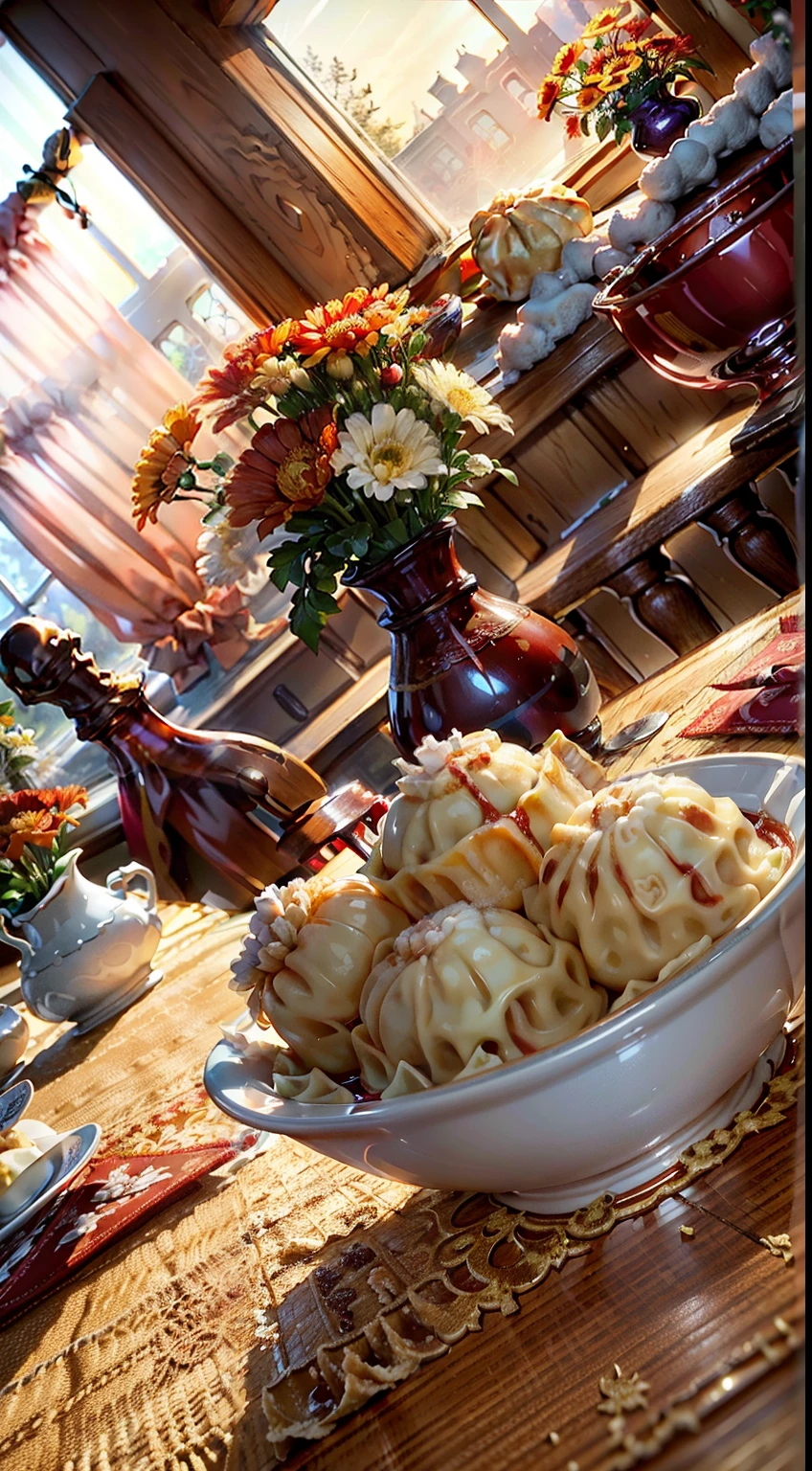 Extreme closeup,Scavenging,tmasterpiece,Riman,((Dumplings on the table)), claret,Red wine glasses,fruit platter,Beautiful vase with chrysanthemums,Bright natural light,It's already winter outside the window,Translucent curtains,in a pub,c4d,Empty product display scene,Positive point of view,first person perspective