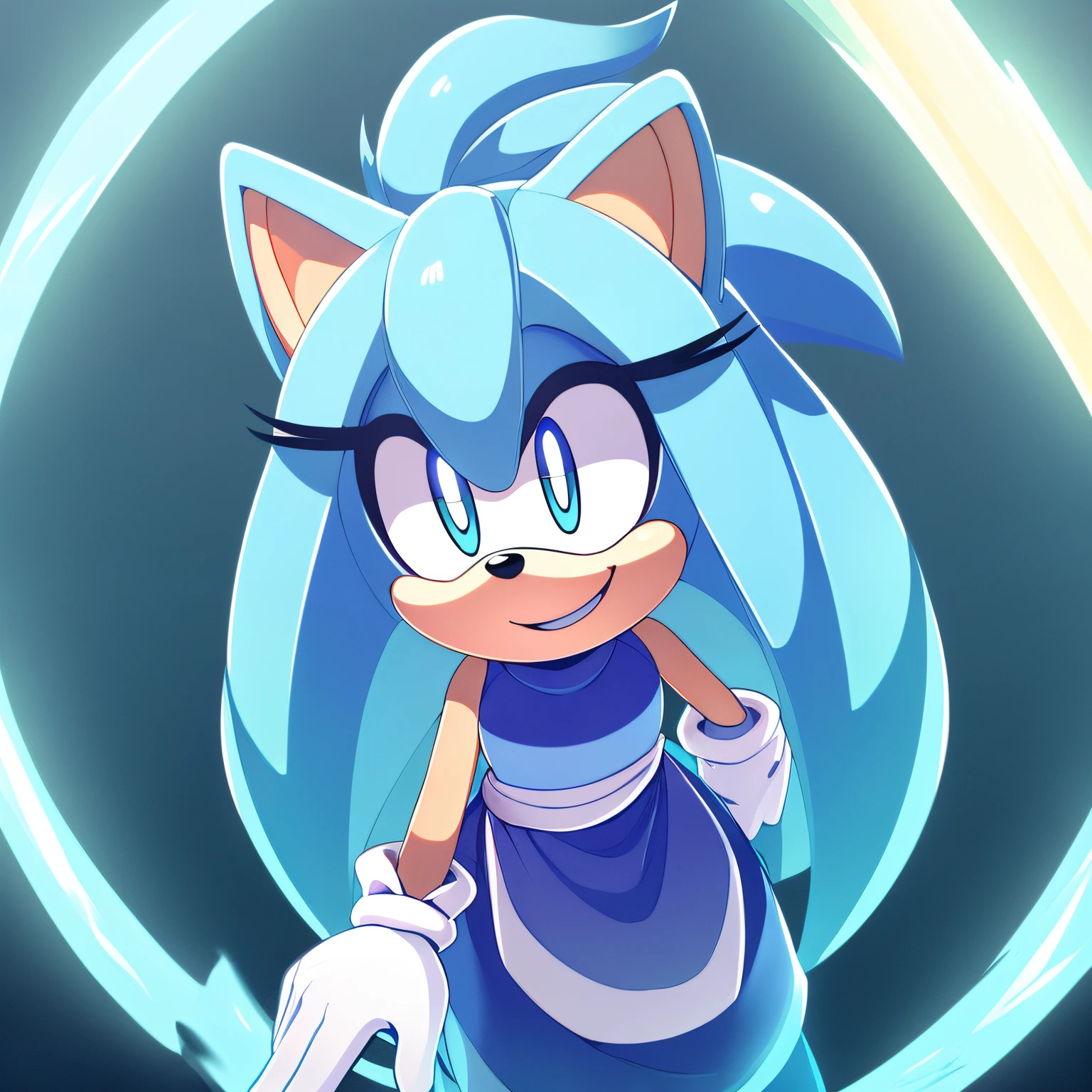 Mobian, female, Hedgehog, light blue fur, large hair bang/side bang, (cyan like Sound-wave like energy), leaning forward, happy, smile, light blue irises with white pupils, (best quality, well detailed, perfect hands)