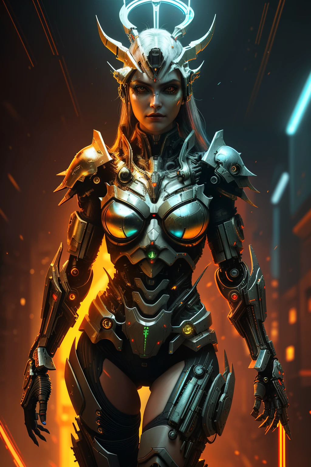 [SH4G0D:1], a beautiful cyborg warrior girl cyberpunk sensual vampiric beautiful body beautiful face in big breasts bionic legs bionic arms armor in an intricate futuristic cyberpunk city ultra detailed 8k extremely realistic[cabelo fluorescente:1]
