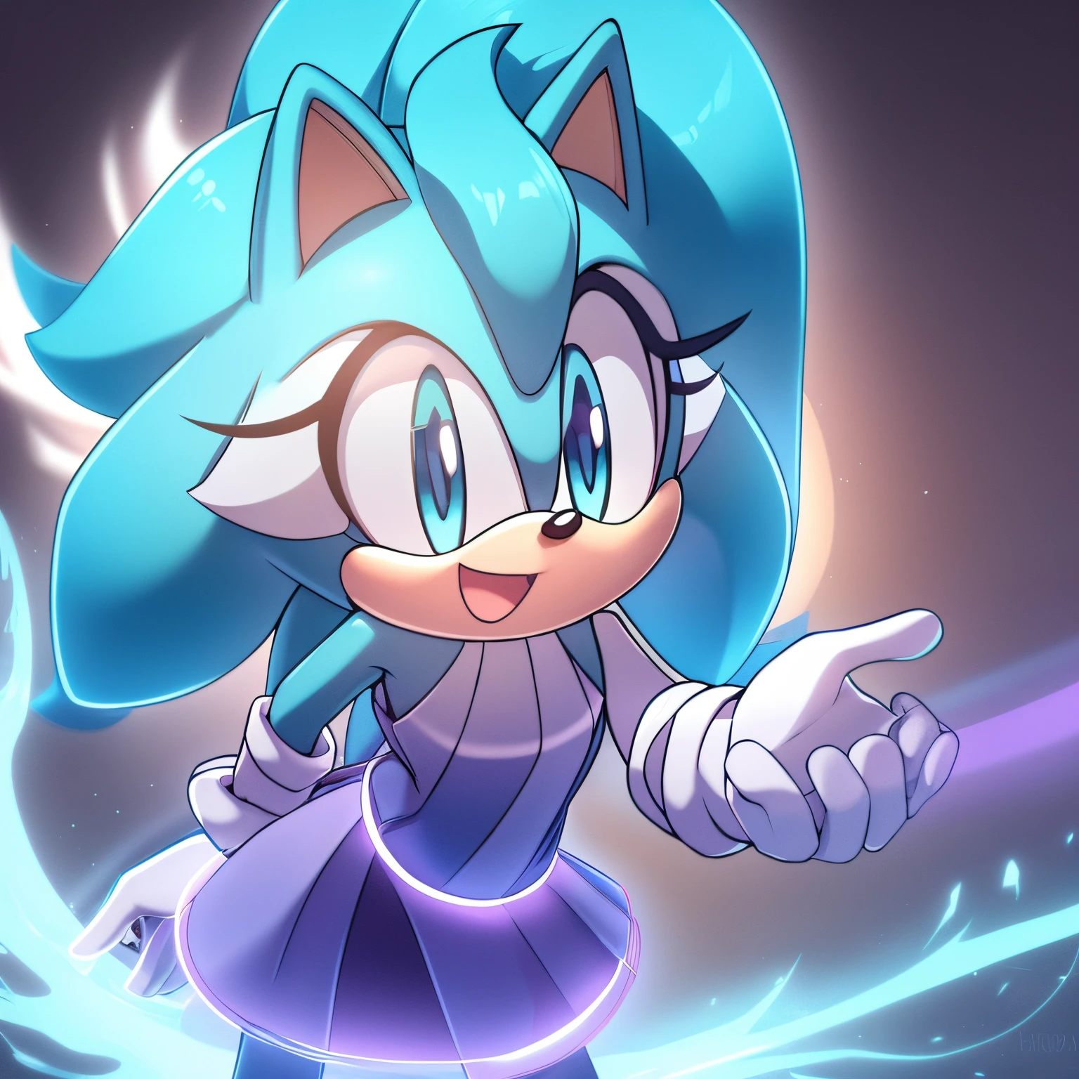 Mobian, female, Hedgehog, baby light blue fur, large hair bang/side bang, (cyan like Sound-wave like energy), leaning forward, happy, smile, light blue irises with white pupils, (best quality, well detailed, perfect hands)