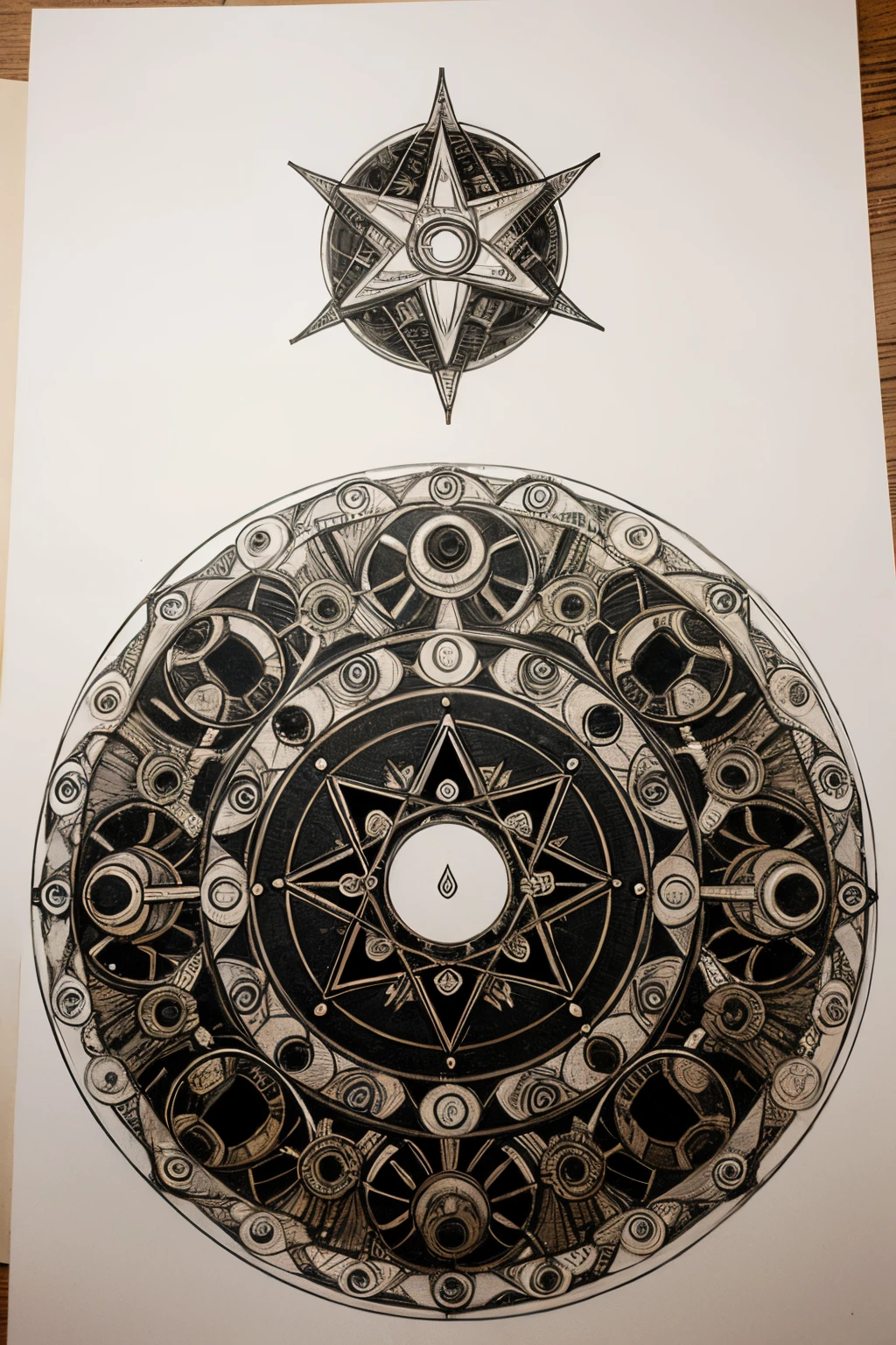 using symbols, runas, geometric shapes and characters from all cultures create a first-level magic circle drawn on paper