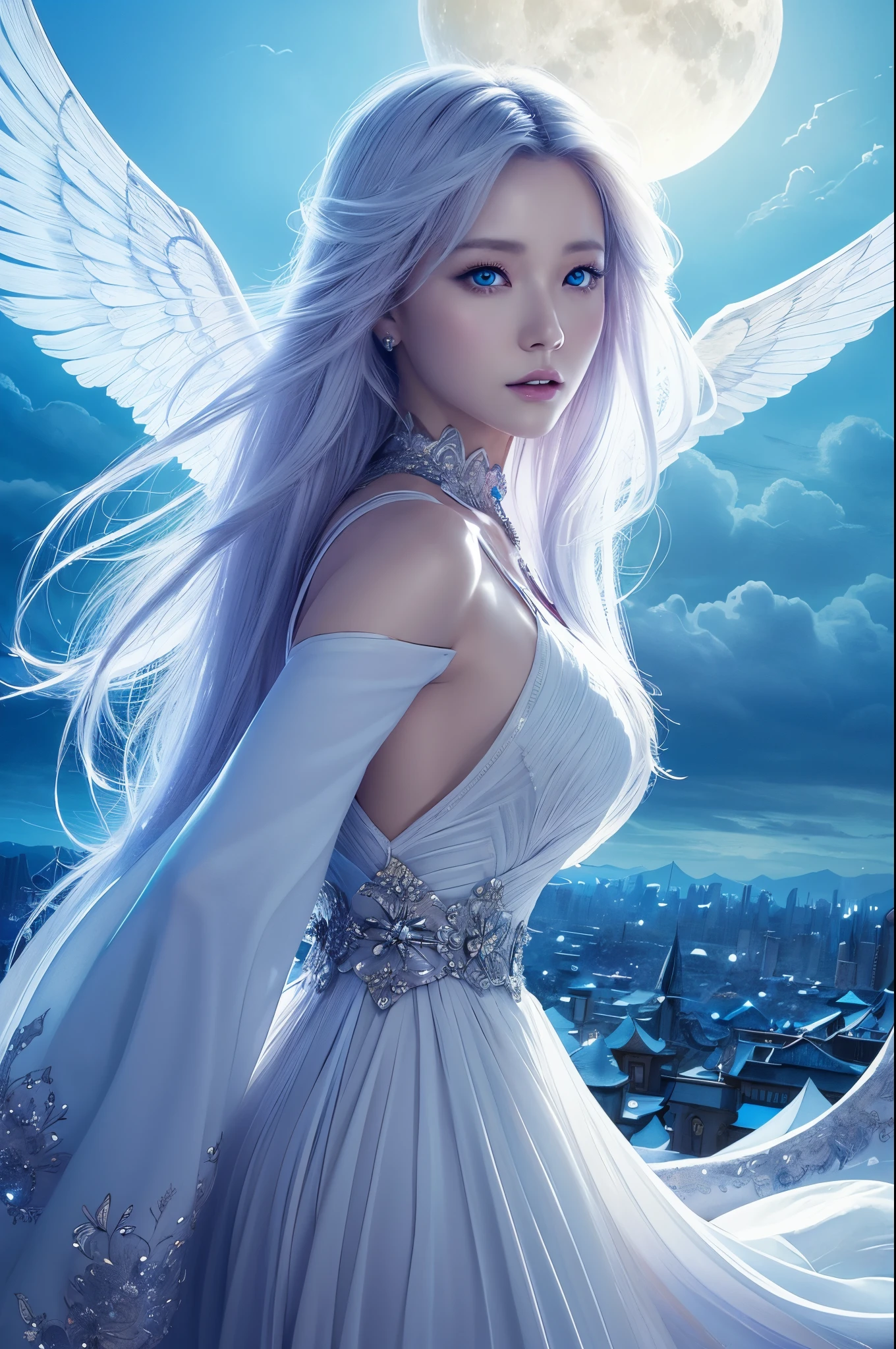 Japanese woman, Blue Eyes, Long white hair looked out over the city...................., beautiful fantasy art, Ethereal fantasy, very beautiful fantasy art, beautiful digital artwork, digital art fantasy, Future and impersonal, digital art fantasy ), amazing fantasy art, Beautiful Fantasy, Digital ArtFantasy Art, 4k highly detailed digital art, detailed fantasy digital art, Beautiful digital art, digital art fantasy, moon, angel wings
