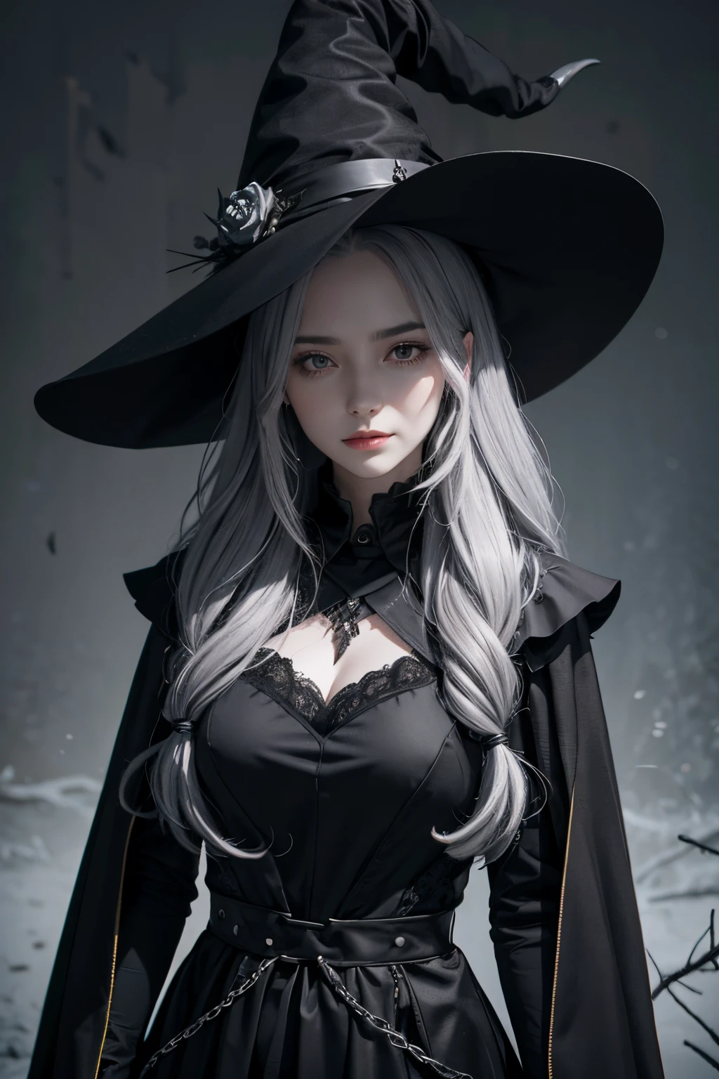 Generate an image of a close up a creature with a spectral and ghostly appearance. Her skin is pale, almost translucent. His eyes shine with a bluish glow, and he wears dark, torn clothes that float around him, as if permeated by an aura of mourning. Its appearance is complemented by details such as chains, symbols of mourning, and gothic elements, further emphasizing its dark air. It is portrayed as a haunted and tormented entity.