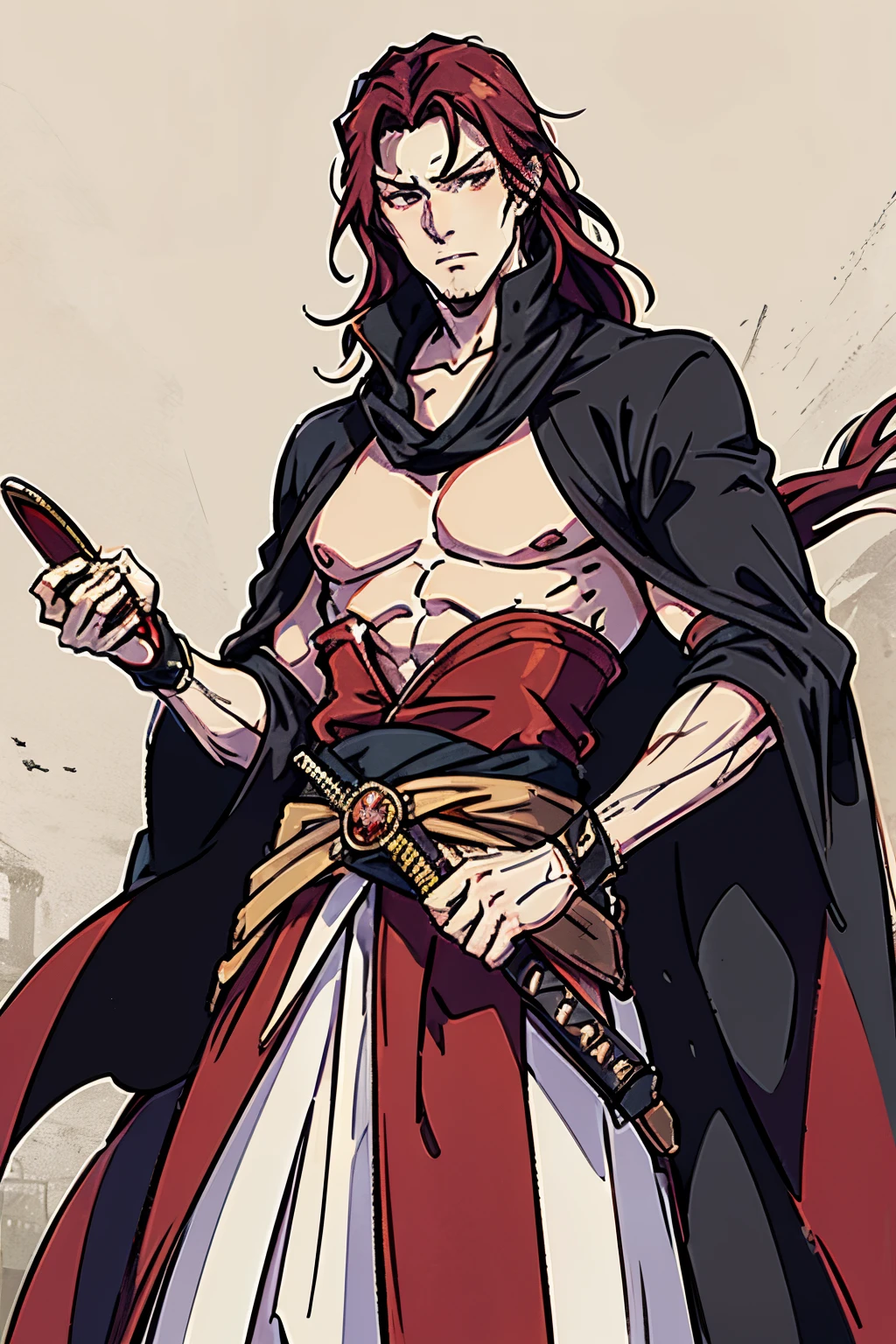 Best Quality, Masterpiece, Ultra High Resolution, musashi miyamoto, long red hair, renaissance attire, fancy clothing, nobility attire, handsome, manly, muscular, tall, covered in scars, vampire, pale white skin, fangs, vampiric, gothic, goth, standing in a medieval London town, long red scarf, detailed, long red hair, swept back hair, red hair(1.3)