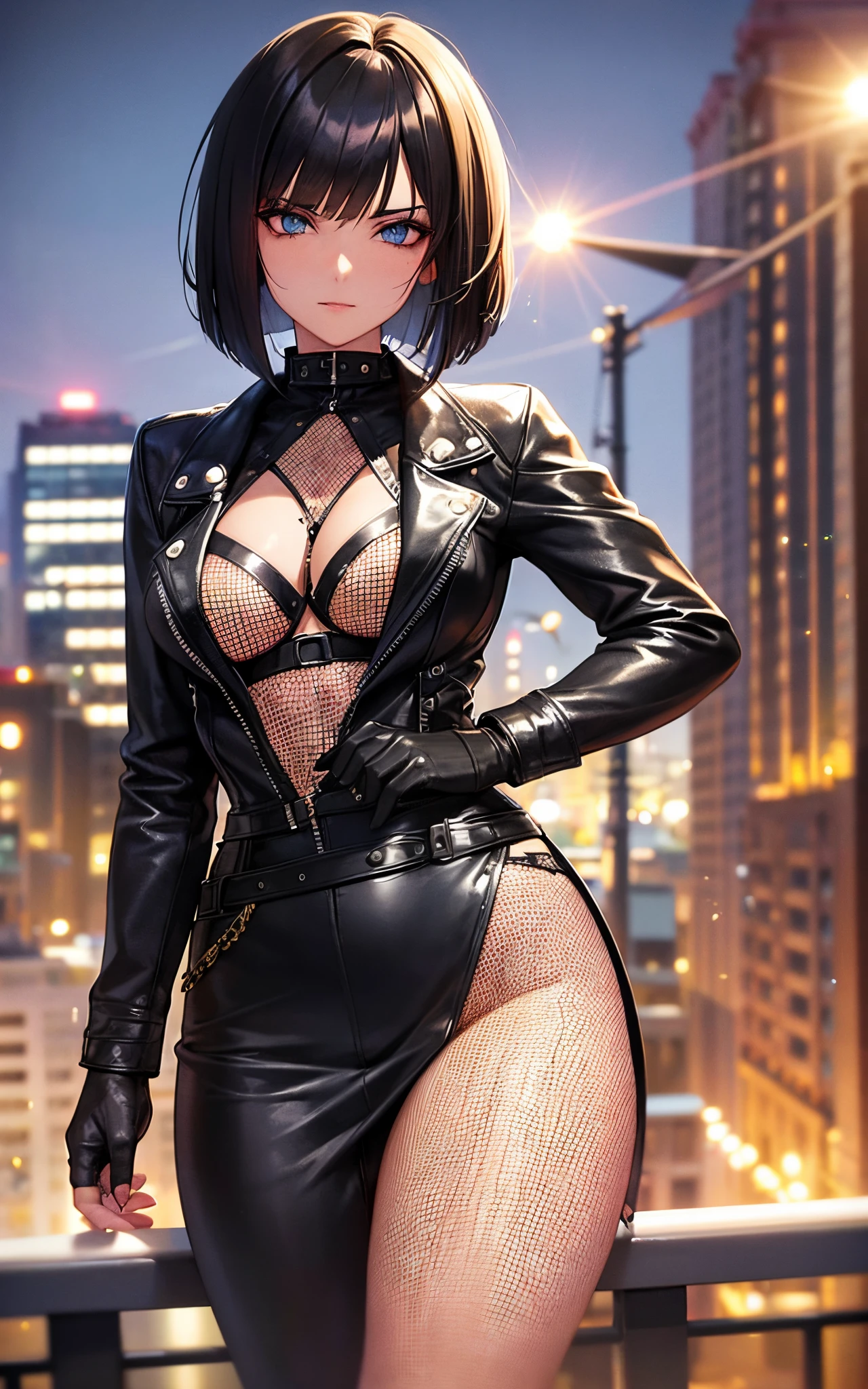 Beautiful 25 year old woman, black hair, Bob cut, blue eyes, sightly muscled, small breasts, messy hair, tattooed neck, leather jacket, San Francisco in the background, kinky, evil aura, night, piercings, fishnet stockings, detailed, masterpiece, hdr, (perfect hands).