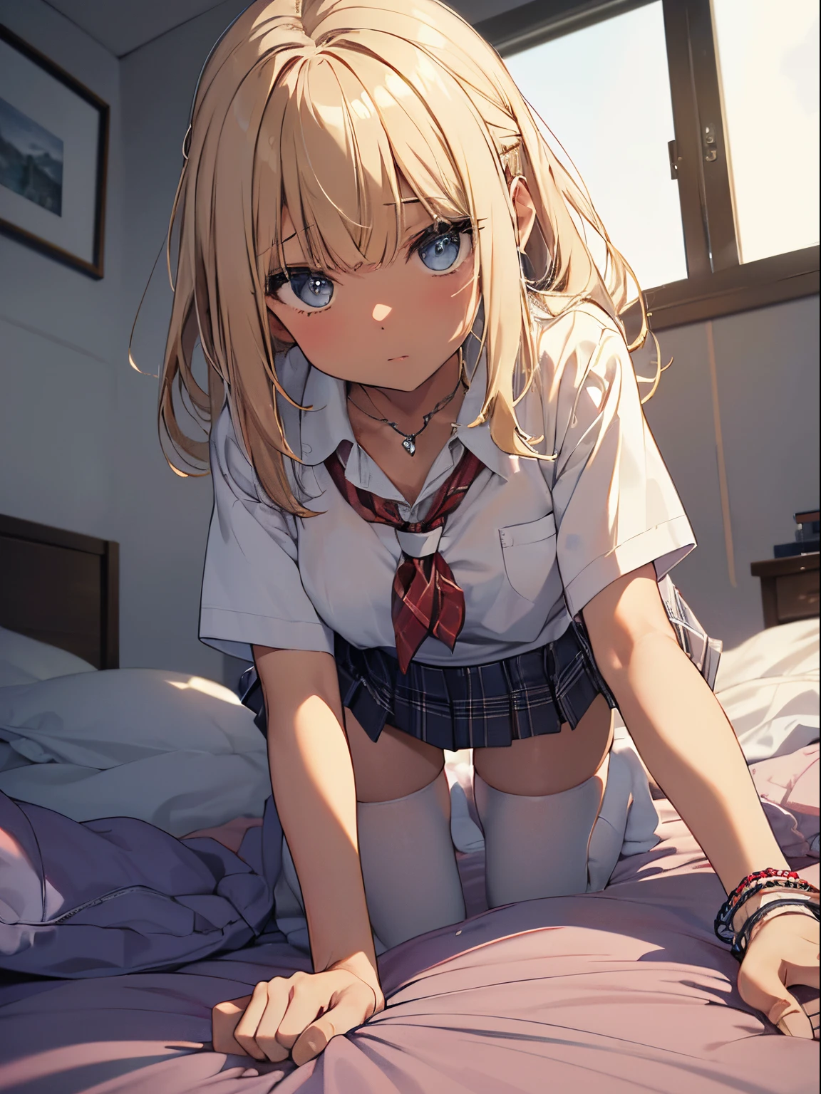 (masterpiece,beautiful,hughres,CG,8k,16k,best quality,high-resolution,detailed fingers,detailed hands,detailed legs,detailed eyes:1.5),anime,source anime,illustration,face focus,(from side:1.6),(2girls:1.5),(evening,indoor,one&#39;s home,bedroom:1.5),(sunset:1.5),shadow,(on the bed:1.4),(head down:1.2),(girl on the left(blonde hair):1.5),(girl on the right(pink hair):1.3),( thighs:1.4),(school uniform,white shirt,pleated skirt,black skirt,black thighhighs:1.3),small breasts,(panties pull,panty pull:1.3),(sitting),(My legs,knees to chest,folded,knees together feet apart:1.4),leg up,(profile:1.2),(back-to-back:1.5),hand over own mouth, covering own mouth,(female masturbation:1.4),( fingering:1.2),(female orgasm, female :1.4),(pussy juice:1.2),(trembling:1.4),(gasping,heavy breathing,blush:1.5),(impatience1.1),flustered,(fidgeting around:1.4),(steam:1.2),(sweat skin,sweat:1.4),(streaming tears:1.3),(drooling:1.1),(looking away:0.5),(looking down:1.4),(spoken heart:1.3),(closed eyes:1.6),open mouth