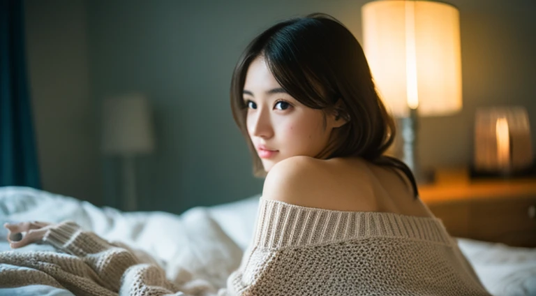 masterpiece , Best Quality, Ultra-detailed, RAW Photo, extremely delicate and beautiful, High resolution, 1girl in, 25 years old, Beautiful japanese girl, Small breasts, Plump lips, Wavy Hair, Short hair, She has one small mole under my eye, Detailed eyes,detailed facial features, detailed arms,Detailed fingers,Detailed legs, ((all fours, arched back)),((full body)),(((from side))), Bedrooms, Sleeping in bed, off-the-shoulder sweater, (((looking at viewer))), (((underlighting))), (dark light), Film grain, SLR camera, 35mm lens focal length,