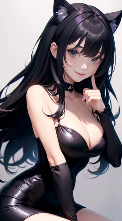 ((top-quality, masterpiece, hight resolution)), (Realisticity)、ciinematic light、dark backgrounds、softlight、Adult Woman、Black hair、Black Cat Costume, hair adornments、gargantilha、Cat's ears、 Seductive smile、slender、Full body skin tight clothes、toward to the camera、Transform into a cat、(Nothing background)、