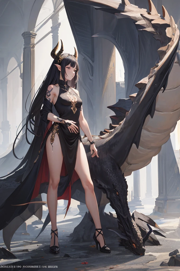 masterpiece, best quality, absurdres, perfect anatomy, standing, 1girl, solo, arm tattoo, bare shoulders, sleeveless, dress, dragon girl, dragon horns, jewelry, tail