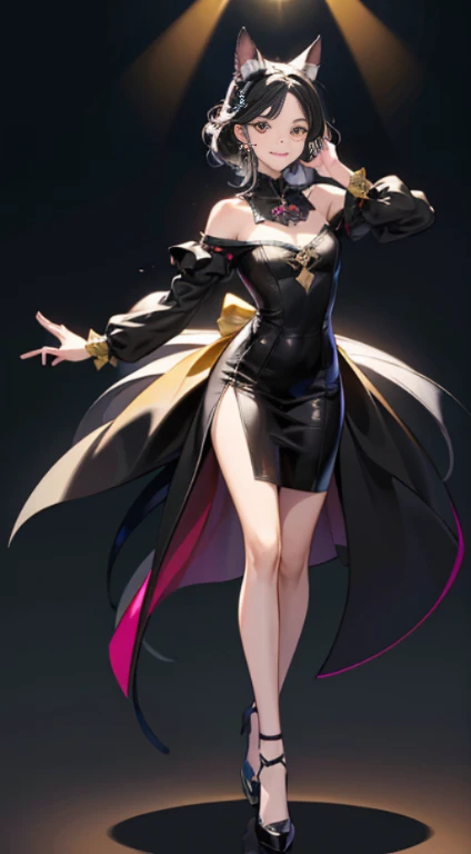 masterpiece, glowing particles, ambient lights, cute, full body detailed, 32K, high details, perfect lighting, perfect anatomy, soft light, BREAK ((shiny silver hair)), bob cut, bang between eyes, beautiful hair), (glossy silver eyes:1.5), (beautiful eyes, twinkle eyes, large eyes, close eyes), BREAK (athlete body, large breasts), cute face, beautiful face, pretty face, beautiful, best quality, good anatomy, long eyelashes, expressive eyes, Perfect Hands, BREAK 1girl, standing, (color theme: (deep purple:1.6) and gold), she wearing a (mermaid-shaped dress) inspired by the colors and patterns of a deep purple swallowtail butterfly's wings, the dress is tight-fitting to accentuate the body line, with a base color of deep purple, adorned with gold glitter and sequins, The accessories are also inspired by the colors of the swallowtail butterfly, adding a touch of elegance and sparkle,