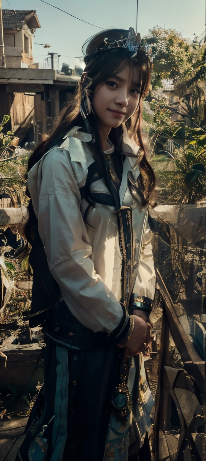 (8k, RAW photo, best quality, masterpiece:1.2), (realistic, photo-realistic:1.37), ultra-detailed, ultra high res, twtzuyu, 1 girl,looking at viewer,smile, ((wear crown on head)), queen, beautiful detailed eyes, (floating hair), detailed clothes, skin texture, cinematic lighting, professional lighting,
