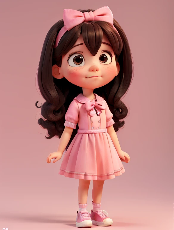 Annabelle Natille, com um vestido rosa, pink sneakers and a pink bow, com cabelo castanho grande, Different expressions , rosto triste ,rosto felizfolha de caracteres, different angles, desenho animado infantil Modelo 3D