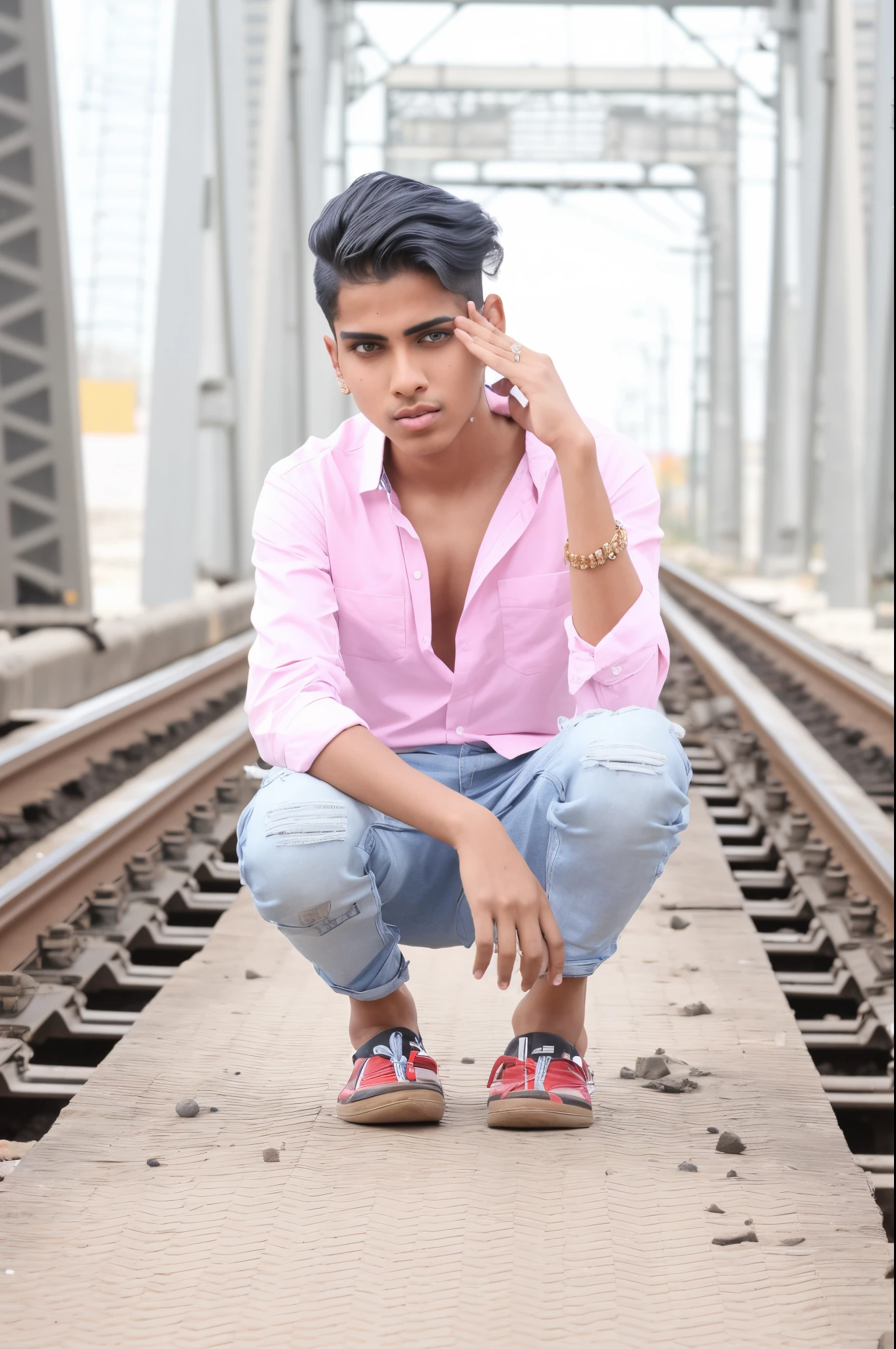 there is a man sitting on a train track with his hand on his head, mohamed chahin, androgynous person, mohamed chahin style, androgynous male, ayan nag, riyahd cassiem, * colour splash *, young male, modeling shoot, jayison devadas, androgyny, male model, non binary model, photo shoot, casual photography