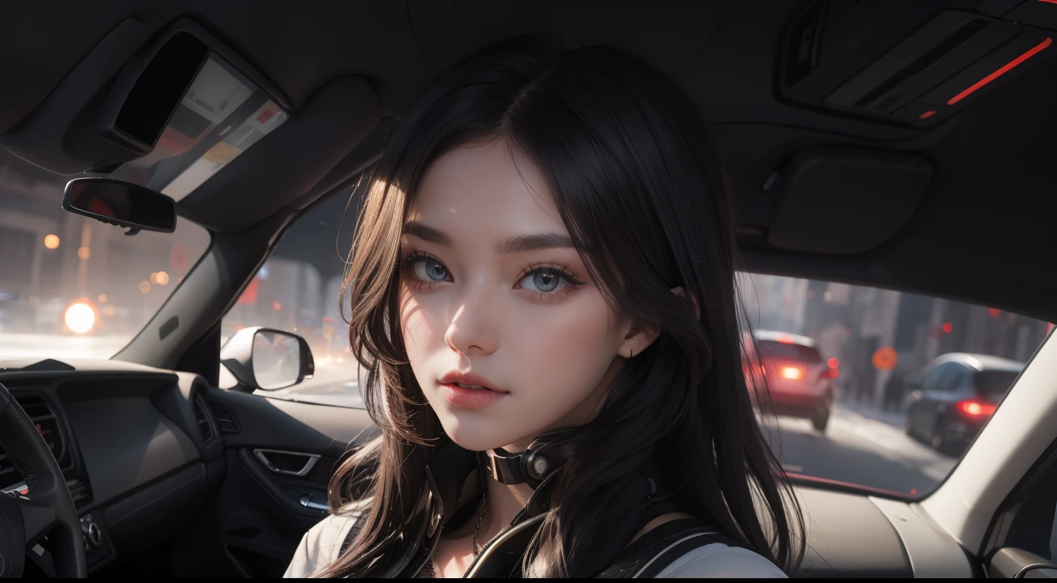 Cyberpunk City--s1000,Wandering Earth,The Car,Double eyelids 1 girl,Future city background,Save the world,extreme light,laser,Perfect hair,Perfect facial details,perfect facial expression,Perfect skin,True skin texture,Shoulders exposed,Technological equipment,Faraway view,Full body -- seed 900