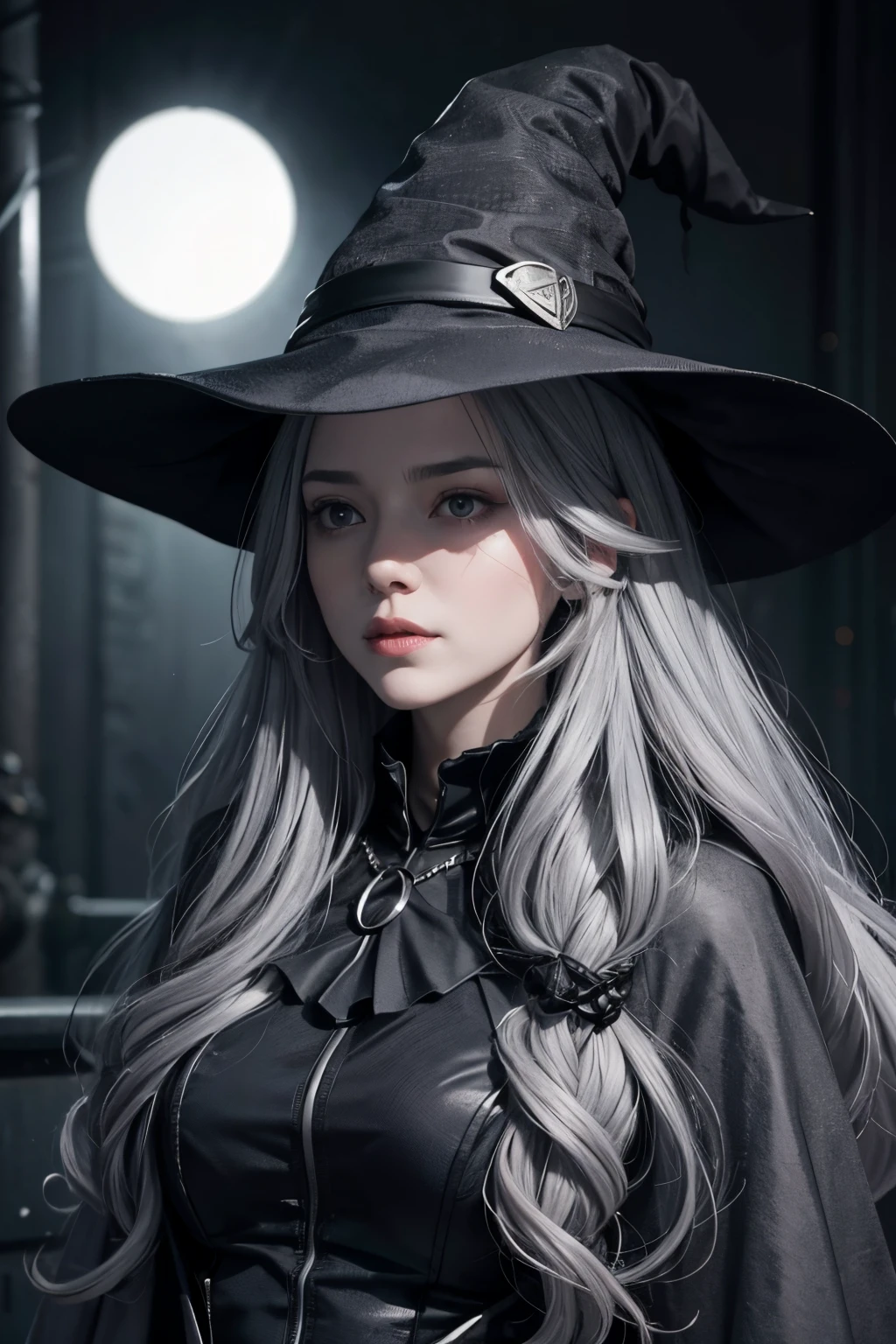 The witch(not cap),grey hair,long hair,black eye,black and grey costume