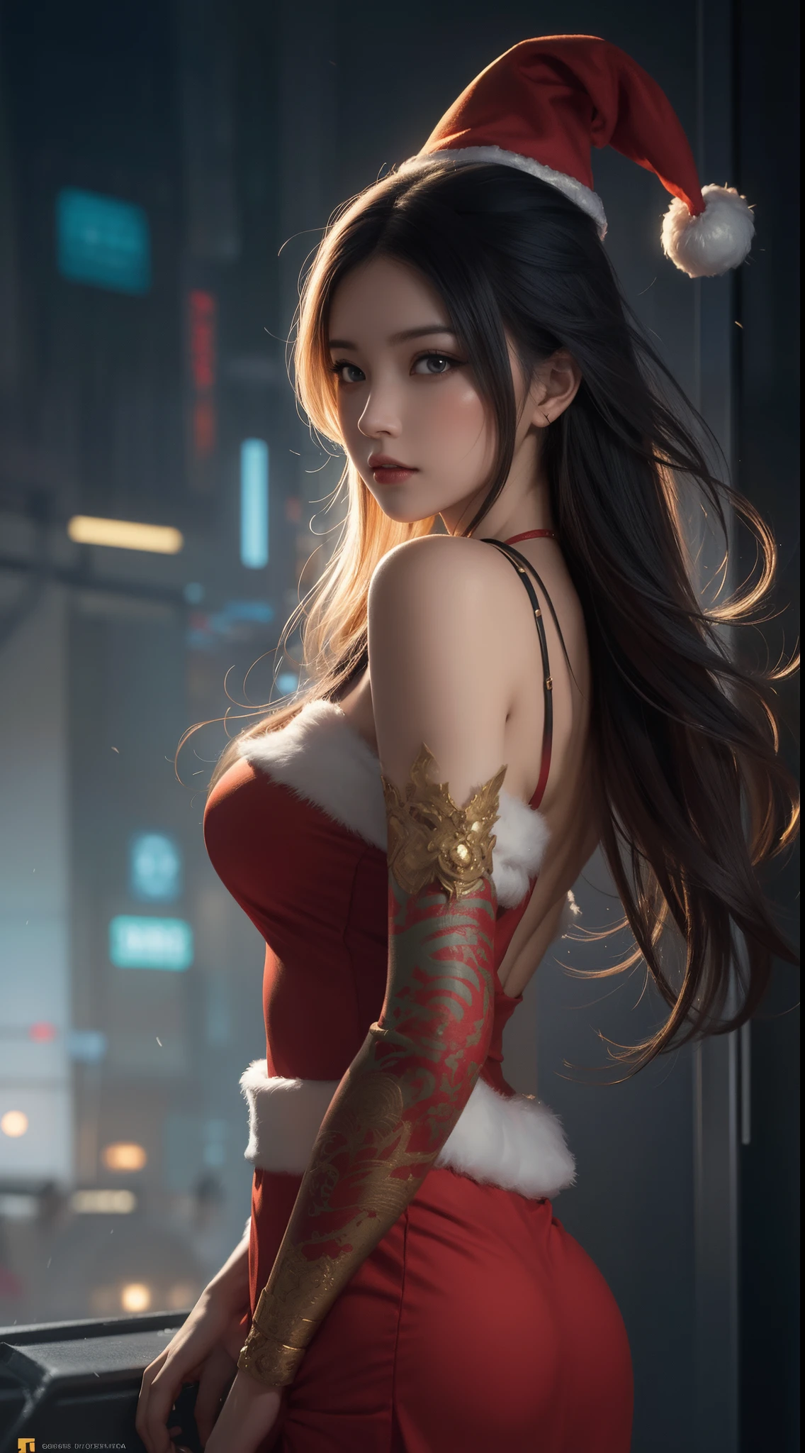 tmasterpiece,quality,Best quality,offcial art,(Beauty and aesthetics:1.2),(tmasterpiece:1.3),The cities of the future,cyber punk personage,one-girl,santa claus suit,did not wear underwear,Sexy figure,looking at the camera in,(closeup cleavage:1.8),volume fog,snow cover,nevando,theatrical,natta,christmas