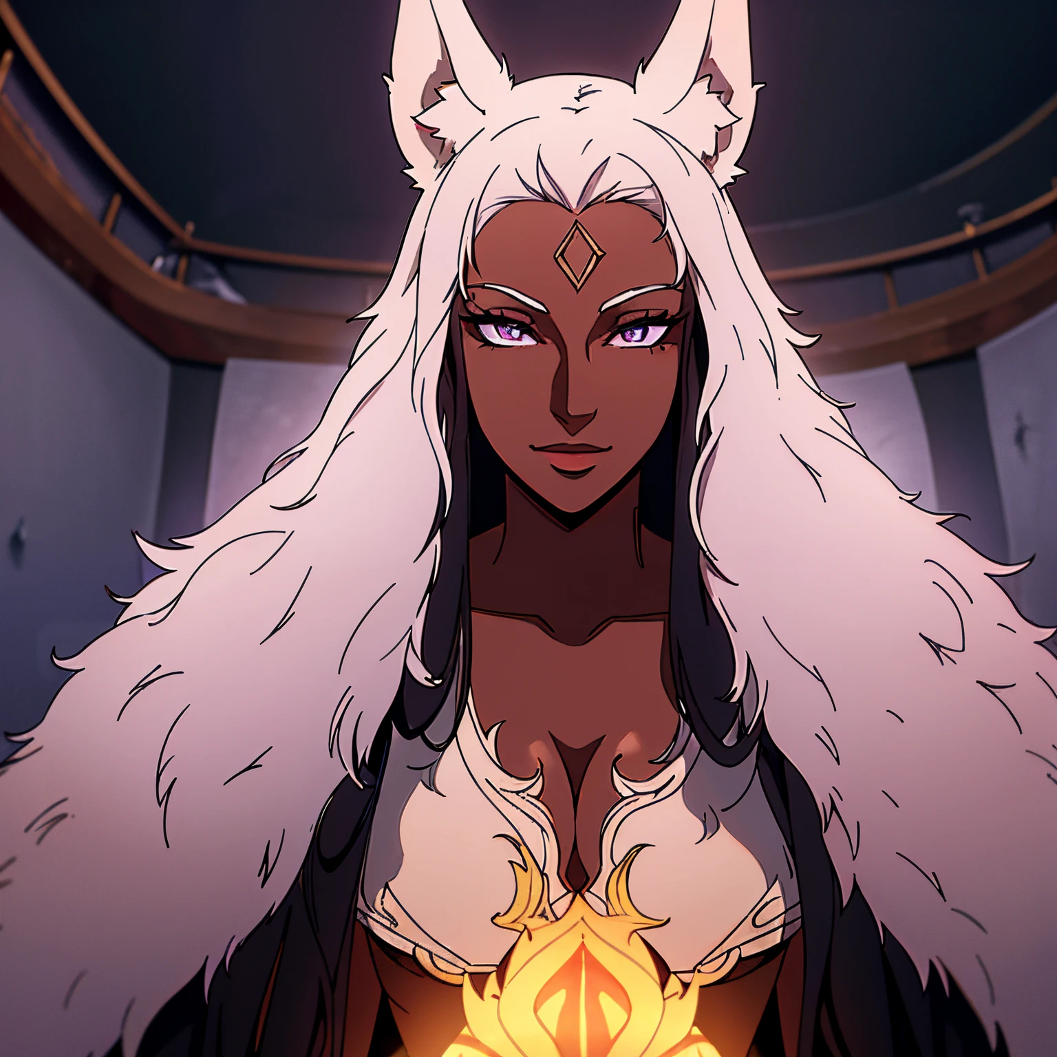 manga illustration, African American, Dark skin,masterpiece, best quality, Fox ears, nine tails, ultra-detailed, close-up Portrait of beautiful raifort, , purple eyes, nine tailed Fox, hair ornament, detailed eyes, looking_at_viewer, standing up, closed_mouth, smile, portrait, volumetric lighting, black hair, long straight hair,best quality, masterpiece, intricate details, tonemapping, sharp focus, trending on Artstation,