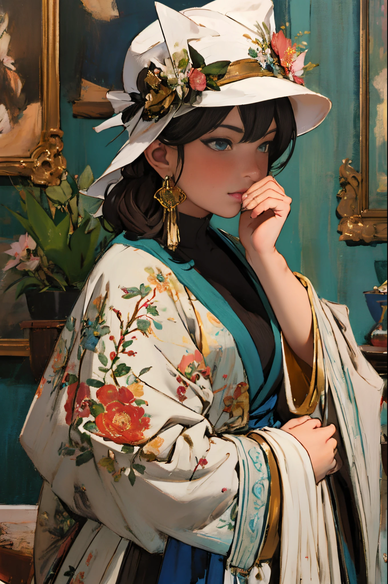 paint a decorative painting,Fashion girl with hat,Girl drinking coffee,modern girl,Bright and harmonious colors,(Decorative painting:1.6),dressed in:Exquisite noble robe,Elaborate Eyes,delicated face,Delicate earrings,simple backgound,flowers blooming,A sea of flowers, (s fractal art: 1.3),simple backgound,Upper part of the body,