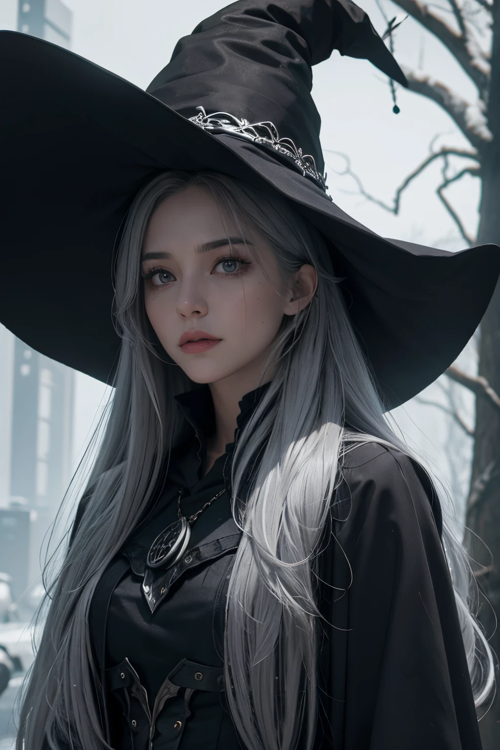 The witch(not cap),grey hair,long hair,black eye,black and grey costume