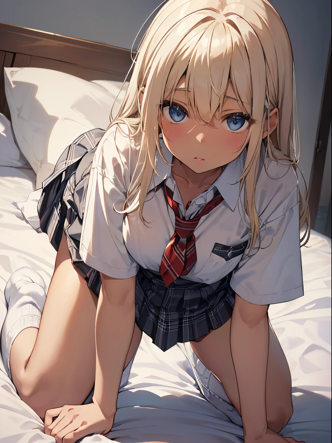 (on all fours:1.5)(low angle shoot:1.3)(shoot from behind:1.4)(shoot from low:1.2)、(white panty:1.2),、(school uniforms:1.3), (white solid-color clothes around waist:1.5), (knot on waist:1.3), (white collared-shirt:1.4), ((white collar, unbutton, short sleeve):1.2), (red plaid-pattern pleated-skirt:1.3), ((necklace, colorful bracelet, X hair ornament):1.2), ultra-detailed、(8k, RAW photo, best quality, masterpiece:1.2), (extremely detailed 8k wallpaper),illustration、professional lighting,sharp focus, depth of field、 nsfw、clear eyes、perfect anatomia、girl with、 student、Black Gal(dark-skinned:1.2)、、Plump thighs、huge tit、(close-up shot of hip:1.5),、Blue eyes、a blond、、(Loose socks below the knee:1.2)、 a bed、(Lift skirt:1.3)