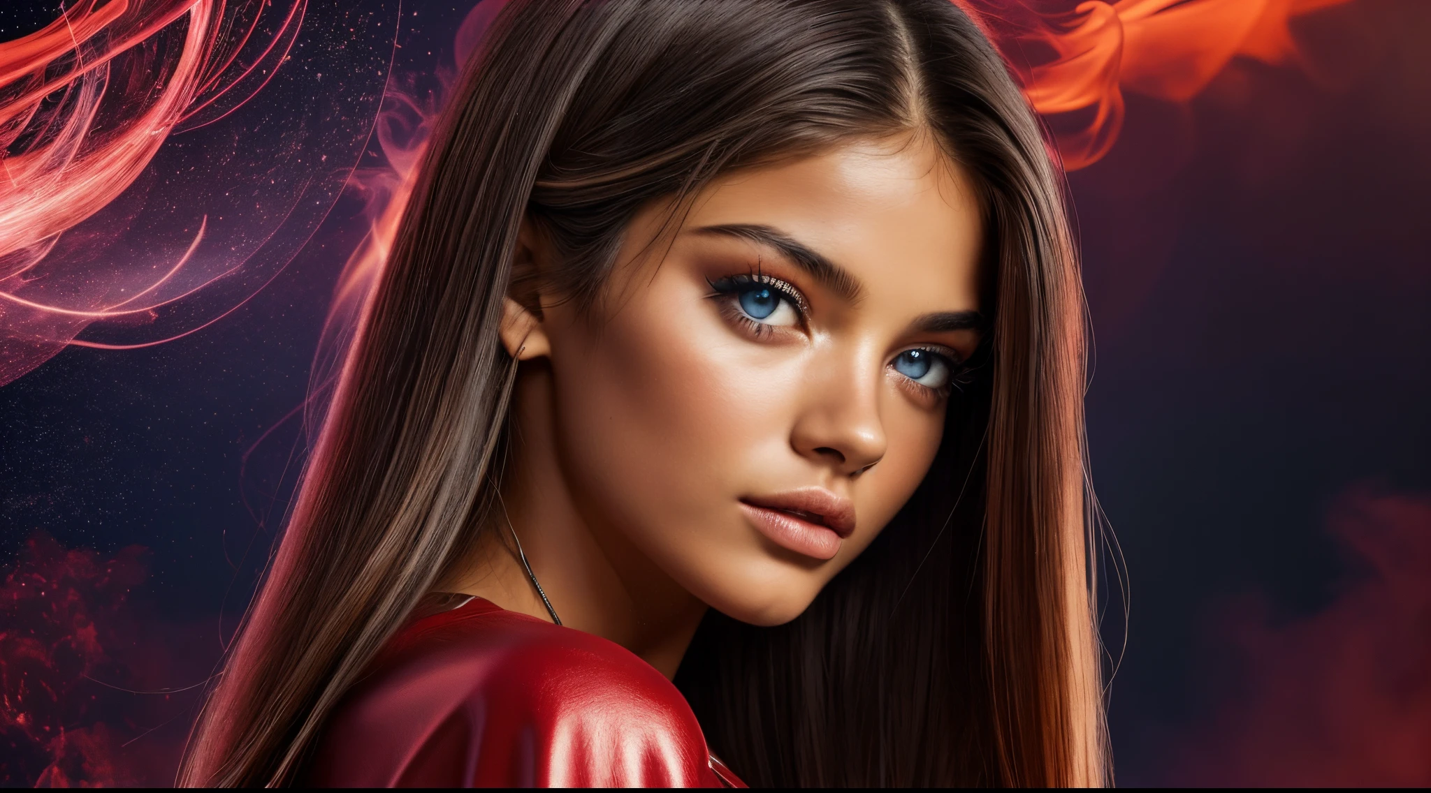 Maximum Extreme Hyper realistic, Maximum Extreme Hyper Detailed, Hyper-Sharp Extreme Maximum, Hyper-Sharp Extreme Maximum, Extreme maximum close-up, frente frontal, corpo inteiro, retrato, Thylane Blondeau linda mulher, (((Bom modelo, com longos cabelos negros e ultra detalhados, com olhos azuis, vestido com uma jaqueta vermelha gradiente e blusa branca estampada com letras japonesas, jeans,))))((((ultra realista 8k, super detalhe), Post-processing, (Arte Splash), Perspectivas exageradas, cores naturais, (Colorido e altamente detalhado )))) , camera with multiple movement angles, fogo glamoroso, swirl of red smoke and glowing particles, Low neon effects, nuances prateadas e pretas, ultra detailed 8k video, HDR, imagens complexas, give me the best image and motion experience, Perspectivas exageradas, cores naturais, (Colorido e altamente detalhado )))) INDO EMBORA, camera with multiple movement angles, fogo glamoroso, swirl of red smoke and glowing particles, Low neon effects, nuances prateadas e pretas, ultra detailed 8k video, HDR, imagens complexas, give me the best image and motion experience