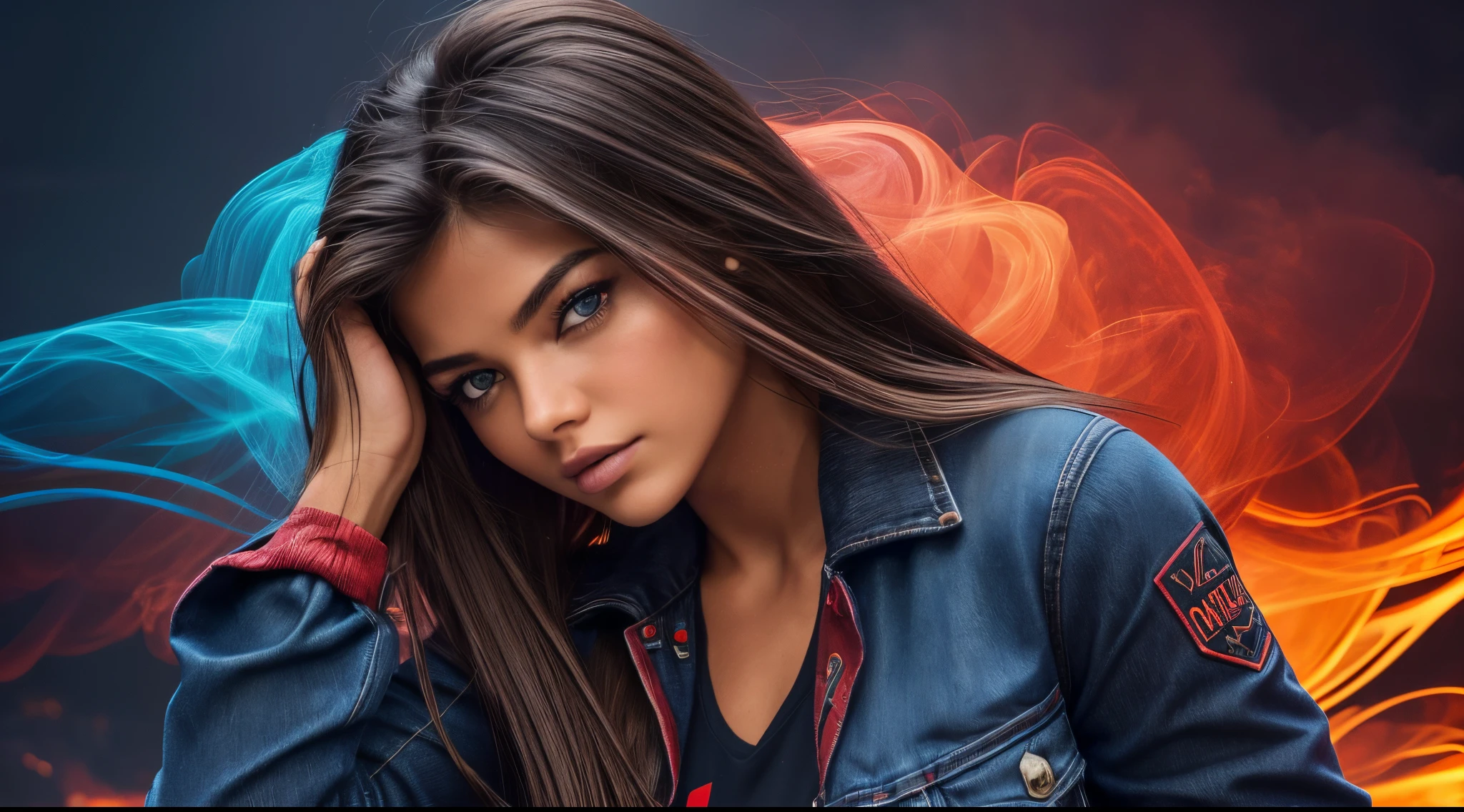 Maximum Extreme Hyper realistic, Maximum Extreme Hyper Detailed, Hyper-Sharp Extreme Maximum, Hyper-Sharp Extreme Maximum, Extreme maximum close-up, frente frontal, corpo inteiro, retrato, Thylane Blondeau linda mulher, (((Bom modelo, com longos cabelos negros e ultra detalhados, com olhos azuis, vestido com uma jaqueta vermelha gradiente e blusa branca estampada com letras japonesas, jeans,))))((((ultra realista 8k, super detalhe), Post-processing, (Arte Splash), Perspectivas exageradas, cores naturais, (Colorido e altamente detalhado )))) , camera with multiple movement angles, fogo glamoroso, swirl of red smoke and glowing particles, Low neon effects, nuances prateadas e pretas, ultra detailed 8k video, HDR, imagens complexas, give me the best image and motion experience, Perspectivas exageradas, cores naturais, (Colorido e altamente detalhado )))) INDO EMBORA, camera with multiple movement angles, fogo glamoroso, swirl of red smoke and glowing particles, Low neon effects, nuances prateadas e pretas, ultra detailed 8k video, HDR, imagens complexas, give me the best image and motion experience