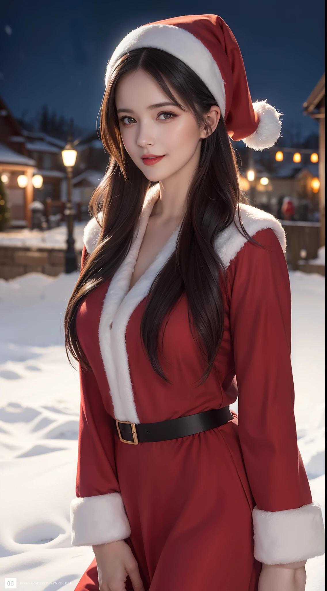 (Aesthetics, High Resolution: 1.2), beautiful 20 year old woman wearing an intricately detailed red boby Santa Claus costume, symmetrical costume structure, bright eyes, cheerful smile .Professional photographer, minimalism, concept art, intricate details, 8k post-production, High Resolution, Super Detail, trends on ArtStation, sharp focus, studio photos, details Intricate detail, Highly detailed, By Greg Rutkowski, Artistic bright and dark lowlights, Vibrant colors. Outdoor winter scene with snow in the evening, A slight smile, True art, various hairstyles and color changes, Passionate mood, Seductive expressions, Sexy lips, Wet lips , Seductive closed eyes, Seductive appearance, suggestive posture.