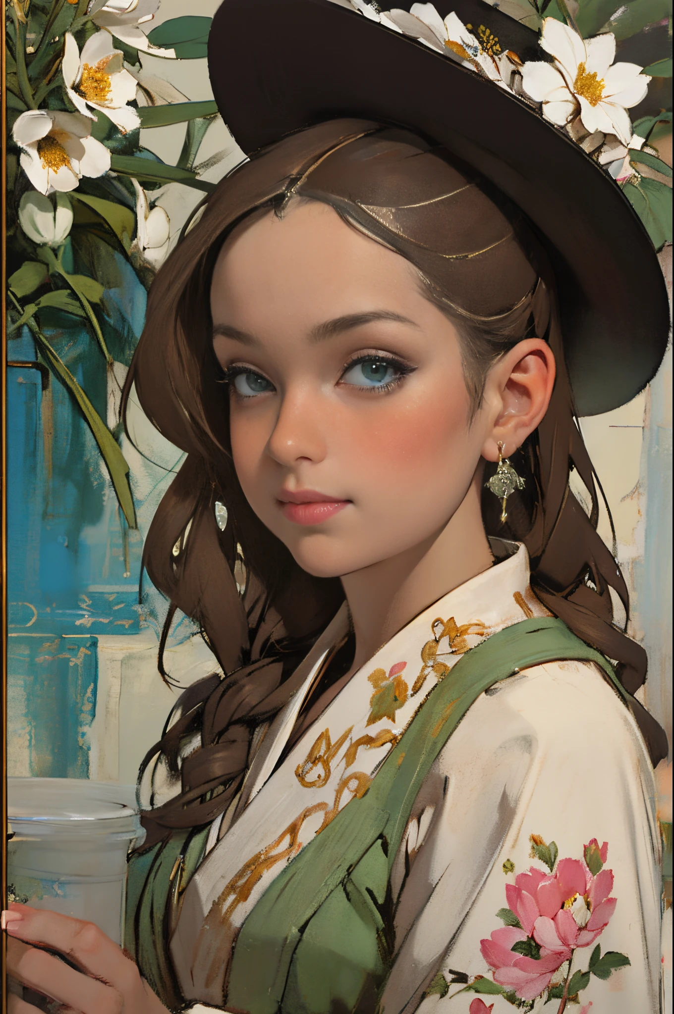 paint a decorative painting,Fashion girl with hat,Girl drinking coffee,modern girl,Bright and harmonious colors,(Decorative painting:1.6),dressed in:Exquisite noble robe,Elaborate Eyes,delicated face,Delicate earrings,simple backgound,flowers blooming,A sea of flowers,(tangled,datura,Tangles,entangled), (s fractal art: 1.3),simple backgound,Upper part of the body,