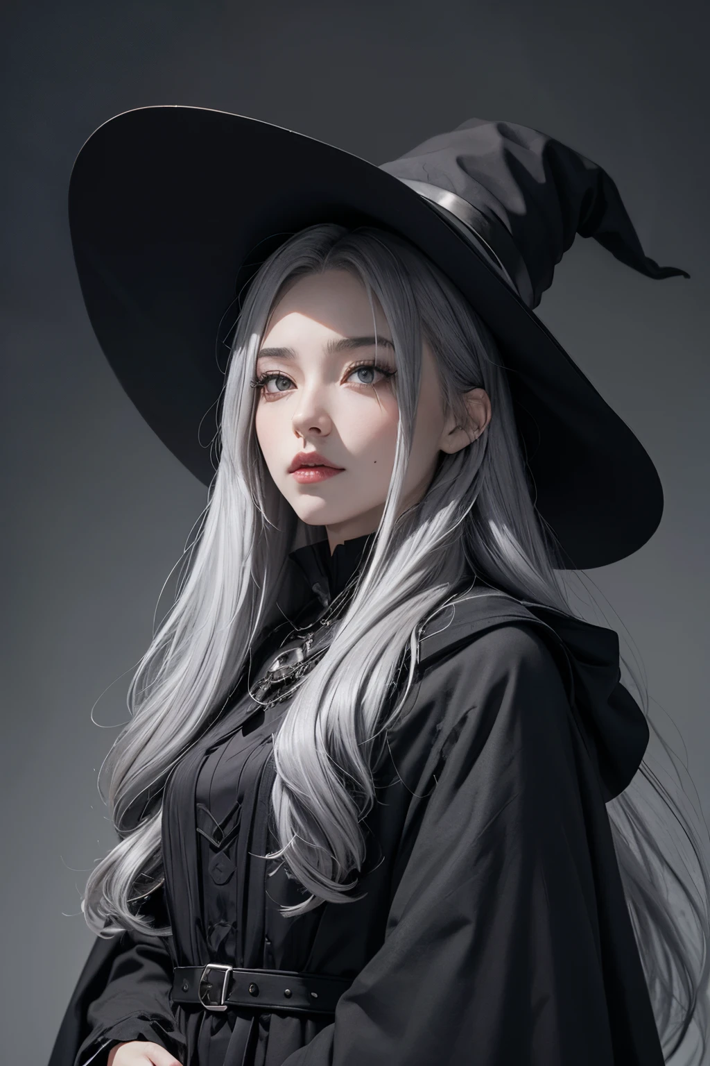 The witch(not cap),grey hair,long hair,black eye,black and grey costume