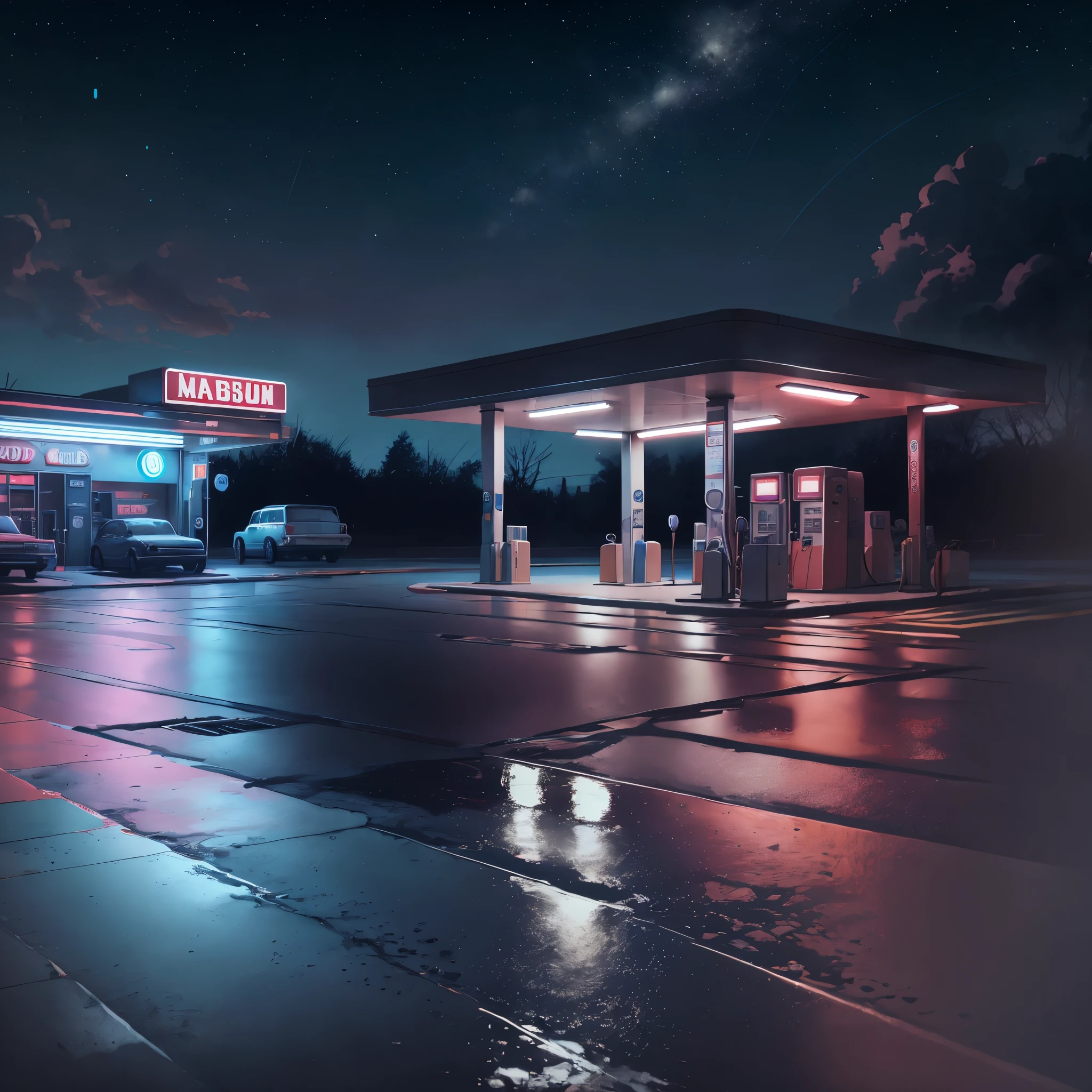 Night scene of a gas station with a parked car, starry night, puddles of water on the floor, gas station in space, gas station, in the art style of Filip Hodas, "gas station photography, Arstation and Beeple Highly, 3 D render Beeple, Beeple and Tim Hildebrandt, Artem Demura Beeple, Recession Beeple, Makoto Shinkai style