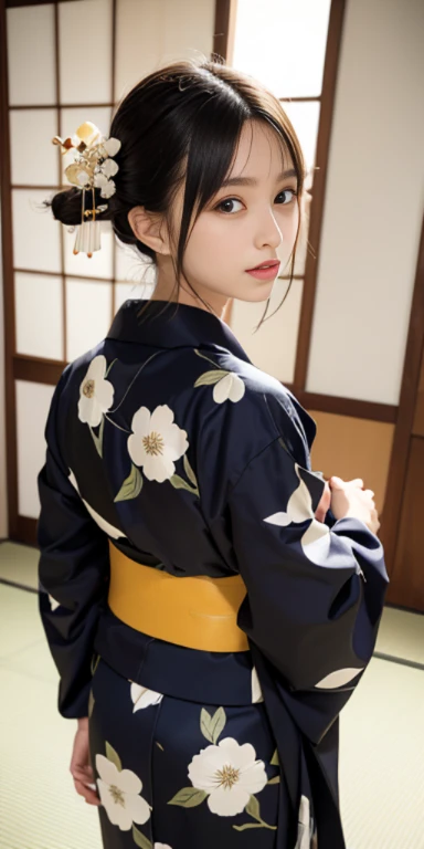 (masutepiece, Best Quality:1.4), Beautiful face, 8K, 85 mm, absurderes, ((FULL BODYSHOT:1.3))、((captured from behind:1.4))、((traditional Japanese room、With futon))、(Floral pattern long-sleeved kimono:1.4), violaceaess, gardeniass, Delicate girl, Solo, layered haircut style、Night, Looking at Viewer, Upper body, Film grain, chromatic abberation, Sharp Focus, face lights, Professional Lighting, Sophisticated, (Smile:0.4), (Simple background, Bokeh background:1.2), Detail Face