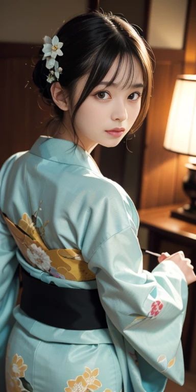 (masutepiece, Best Quality:1.4), Beautiful face, 8K, 85 mm, absurderes, ((FULL BODYSHOT:1.3))、((captured from behind:1.4))、((traditional Japanese room、With futon))、(Floral pattern long-sleeved kimono:1.4), violaceaess, gardeniass, Delicate girl, Solo, layered haircut style、Night, Looking at Viewer, Upper body, Film grain, chromatic abberation, Sharp Focus, face lights, Professional Lighting, Sophisticated, (Smile:0.4), (Simple background, Bokeh background:1.2), Detail Face