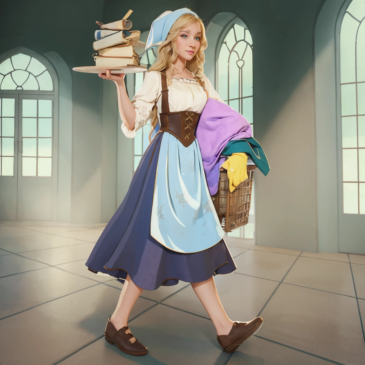 Beautifull medieval girl, blonde, disney animation style, cleaning house