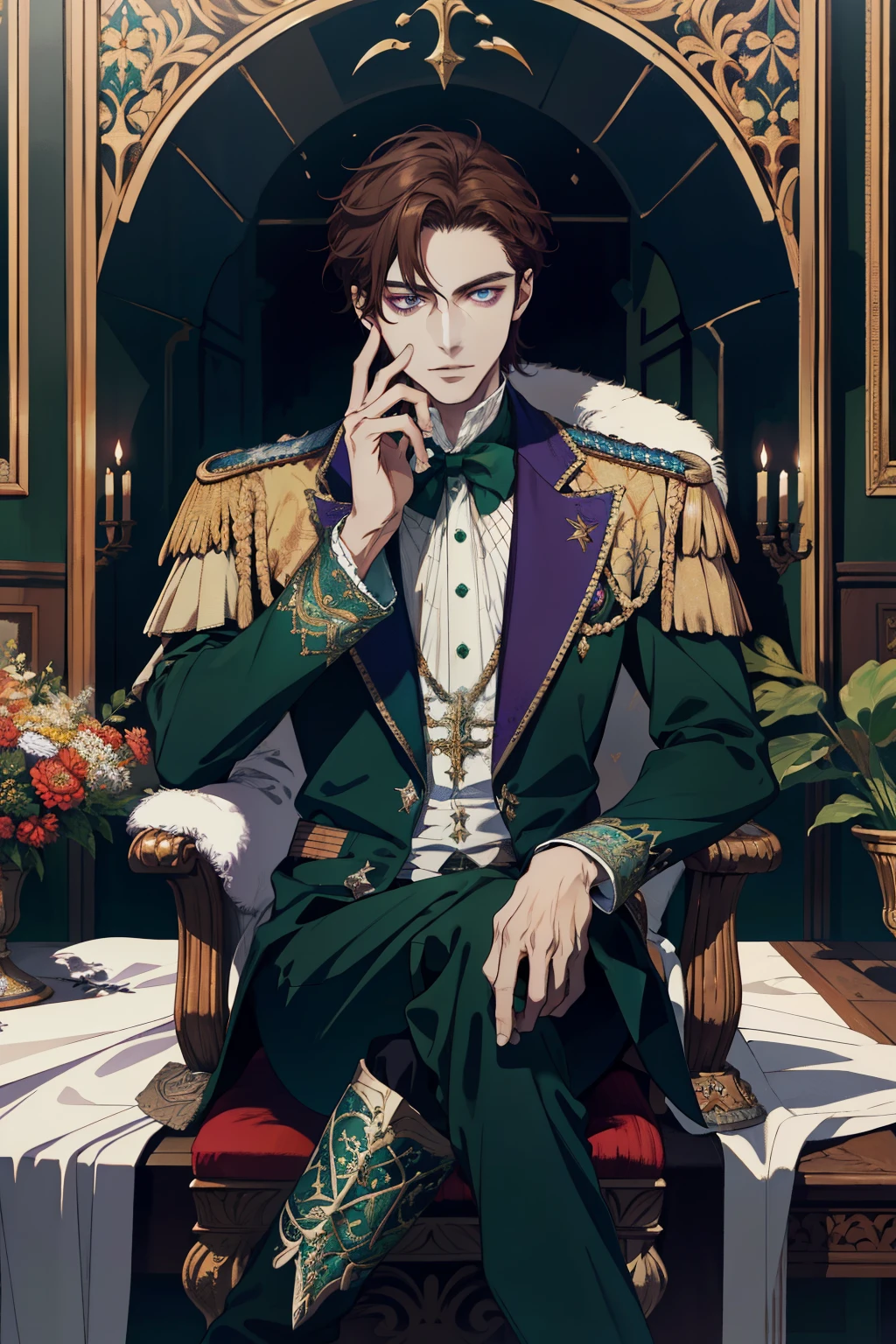 (absurd, high resolution, ultra detailed), paintings. The most interesting one Depicted King Lancelot. The founder of the country, He was depicted as pale. With dark green eye color and brown hair. 
He fought against Kazimir. Who had dark hair and dark purple eyes.