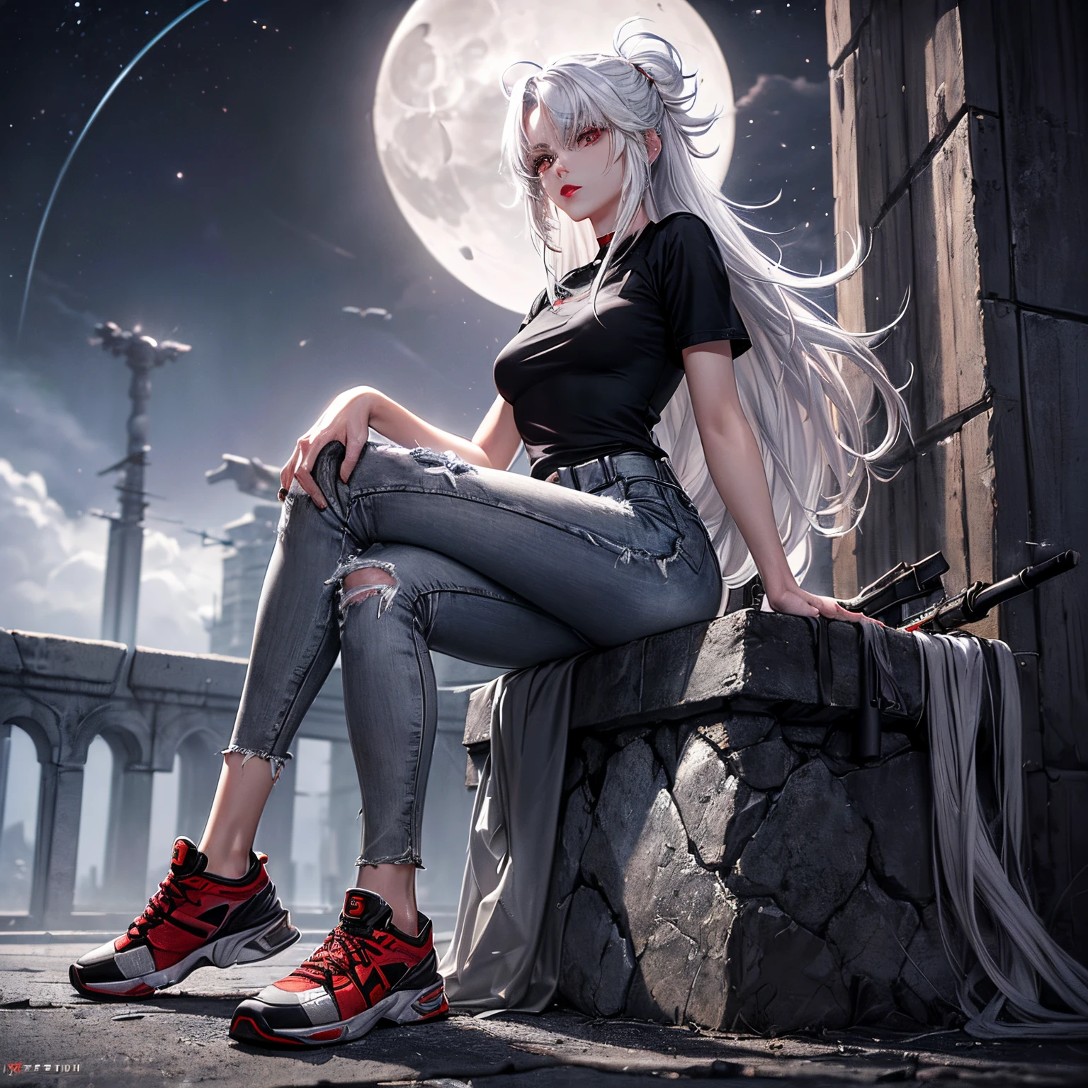 (sci-fi fantasy), (tmasterpiece), (Professional oil painting) (Best quality at best), (8K分辨率), (1 beutiful girl), ((Light gray skin)), (Iron gray skin), ((jeans for clothes)),(Red top)), ((Below is a black T-shirt), ((red lip stick)), ((black sneaker shoes)), (concept-art), Small under breasts, (Long gray hair), (messy  hair), (White hair), (Iron gray hair), ((Have future weapons)), (ammunition), ((night time moonlight)), (Sit down and think))