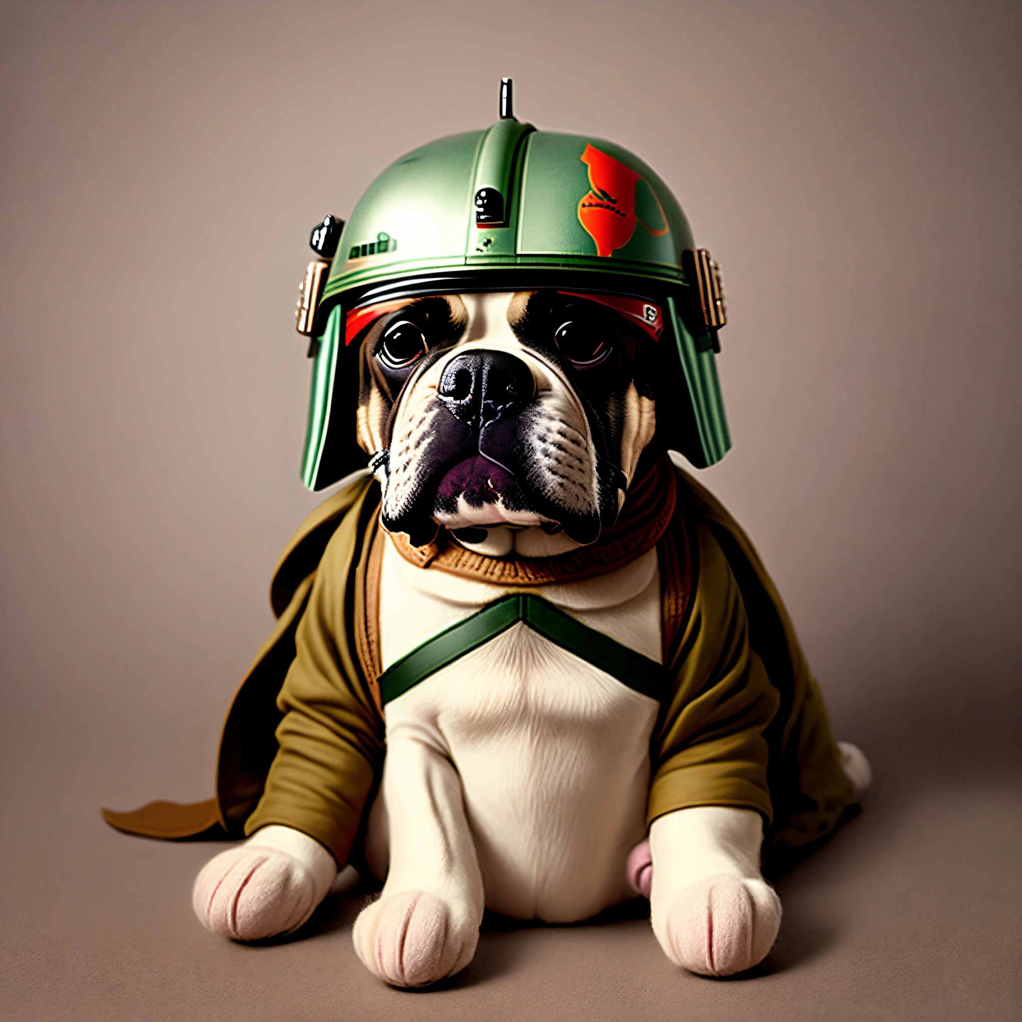 Create an image of Boba Fett with his helmet in his hands, with a boxer dog head and paws