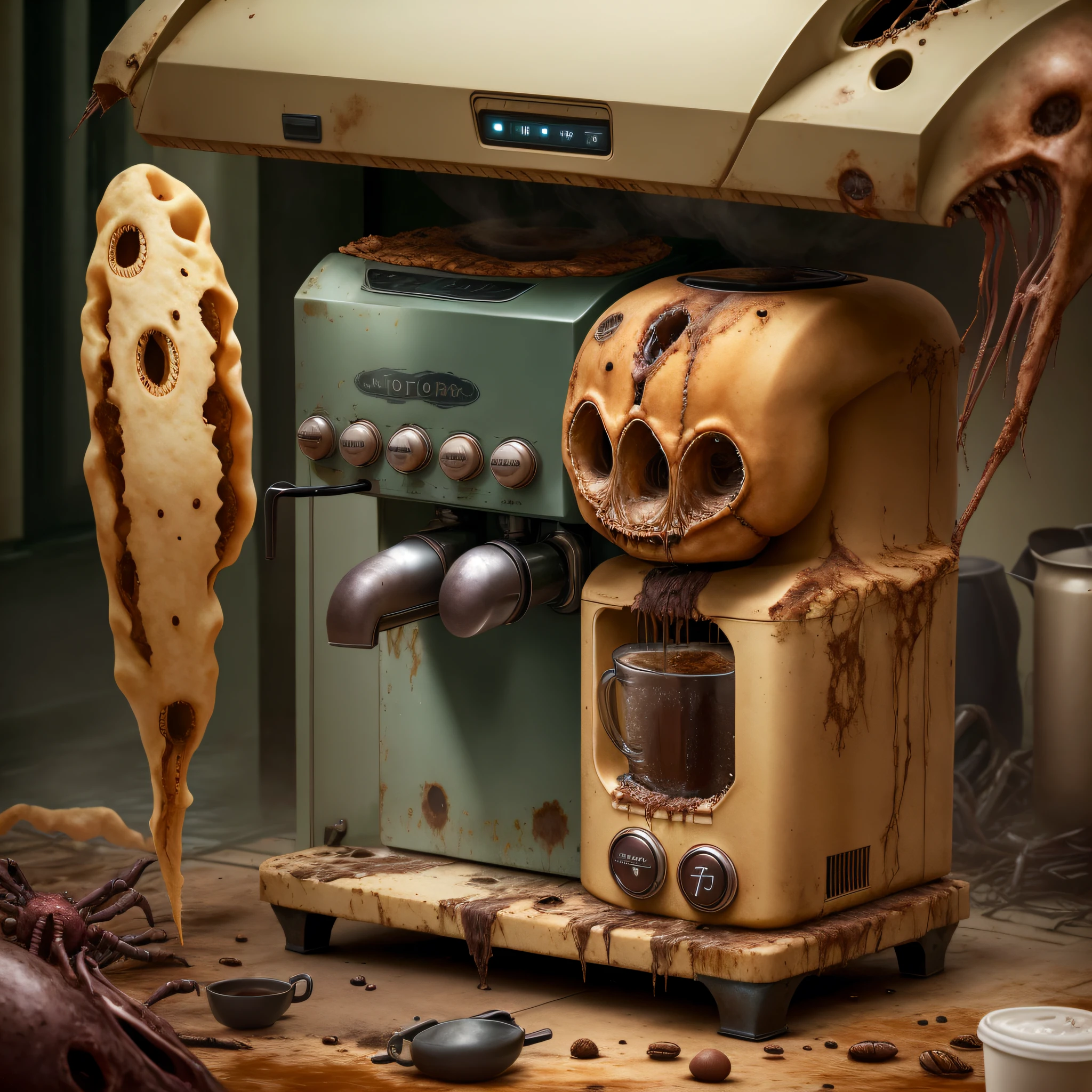 (Spooky Kitchen Appliances), (coffee machine), scary, creepy, squalid, disgusting, causes panic