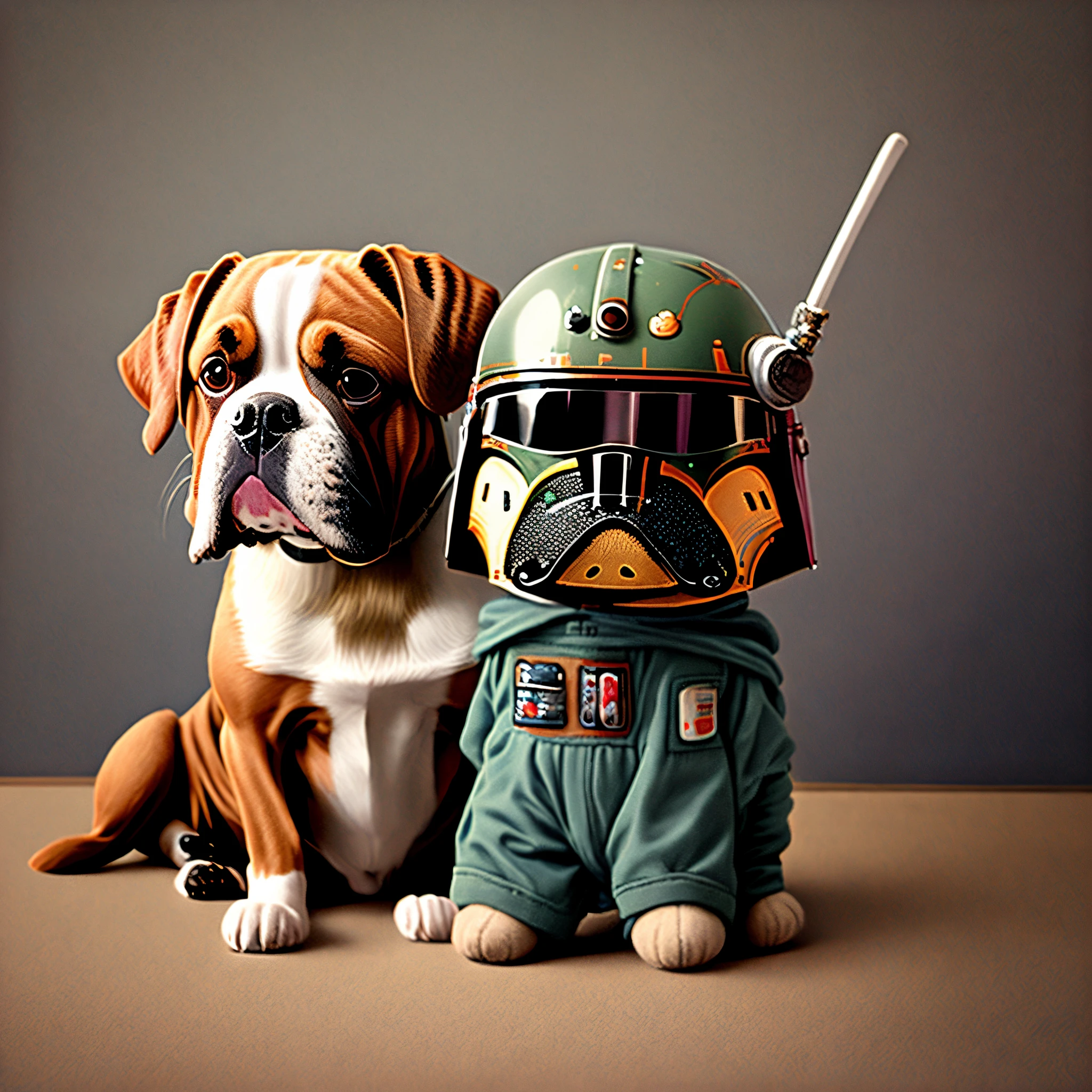 Create an image of Boba Fett with his helmet in his hands, with a boxer dog head and paws
