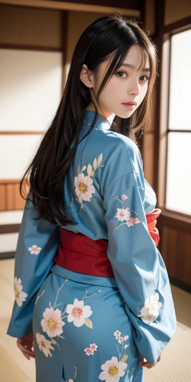(masutepiece, Best Quality:1.4), Beautiful face, 8K, 85 mm, absurderes, ((FULL BODYSHOT:1.3))、((Photographed from behind looking straight ahead:1.4))、((traditional Japanese room、With futon))、(Floral pattern long-sleeved kimono:1.4), violaceaess, gardeniass, Delicate girl, Solo, layered haircut style、Night, Looking at Viewer, Upper body, Film grain, chromatic abberation, Sharp Focus, face lights, Professional Lighting, Sophisticated, (Smile:0.4), (Simple background, Bokeh background:1.2), Detail Face