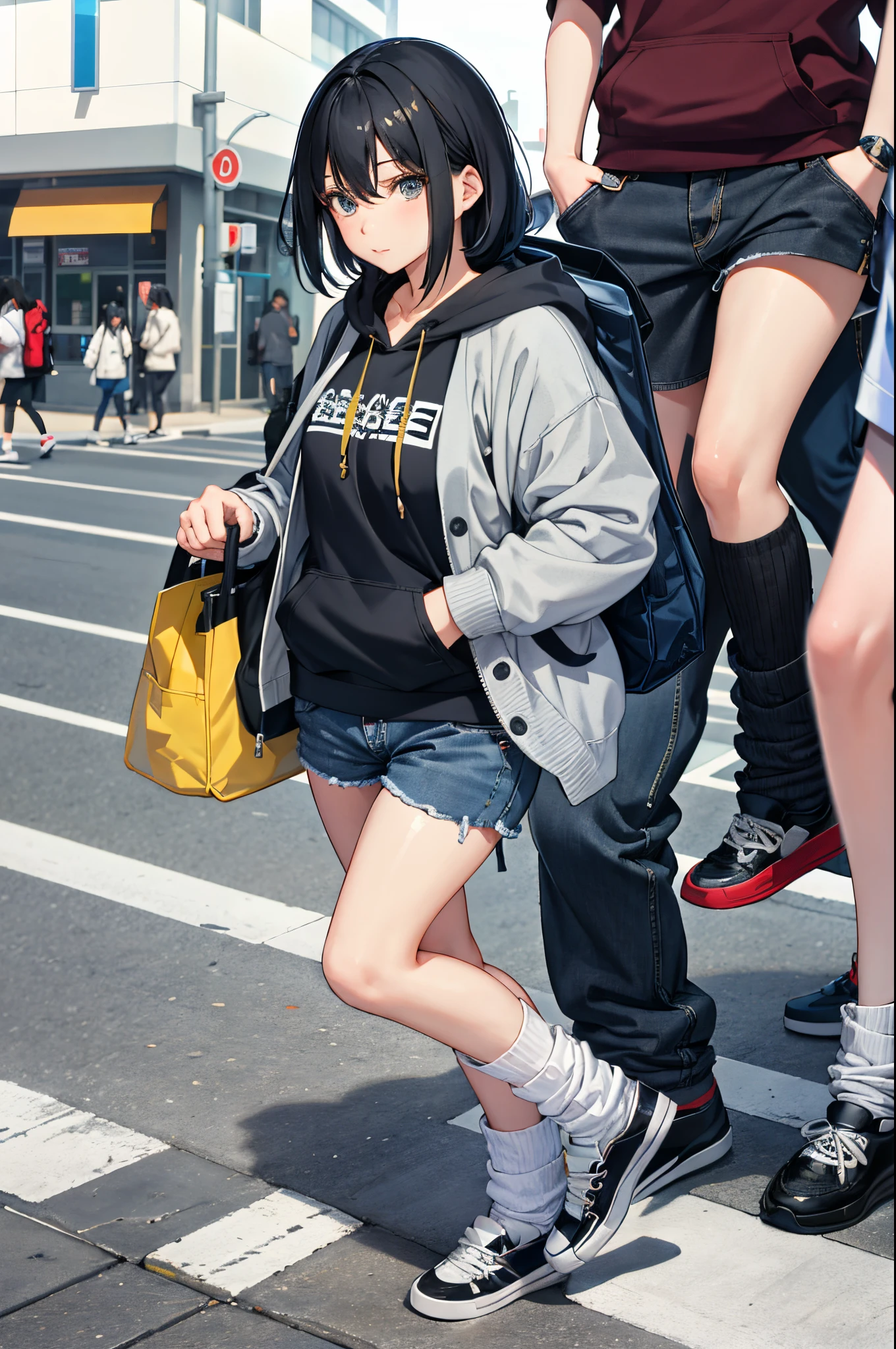 1人の女性(Female in her late 20s)，（​masterpiece，Highest Quality），caps、Gray hoodie，denim short pants，Bag，Loose socks、Black platform sneakers、A dark-haired，Walking at a pedestrian crossing