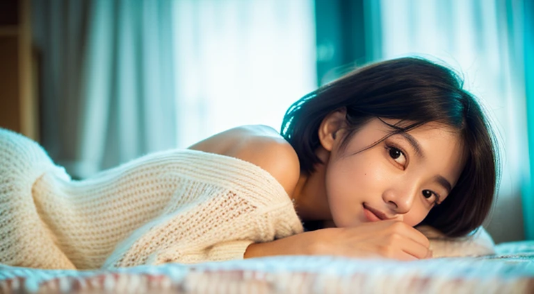 masterpiece , Best Quality, Ultra-detailed, RAW Photo, extremely delicate and beautiful, High resolution, 1girl in, 25 years old, Beautiful japanese girl, Small breasts, Plump lips, Wavy Hair, Short hair, She has one small mole under my eye, Detailed eyes,detailed facial features, detailed arms,Detailed fingers,Detailed legs, ((all fours, arched back)),((full body)),(((from side))), Bedrooms, Sleeping in bed, off-the-shoulder sweater, (((looking at viewer))), (((underlighting))), (dark light), Film grain, SLR camera, 35mm lens focal length,