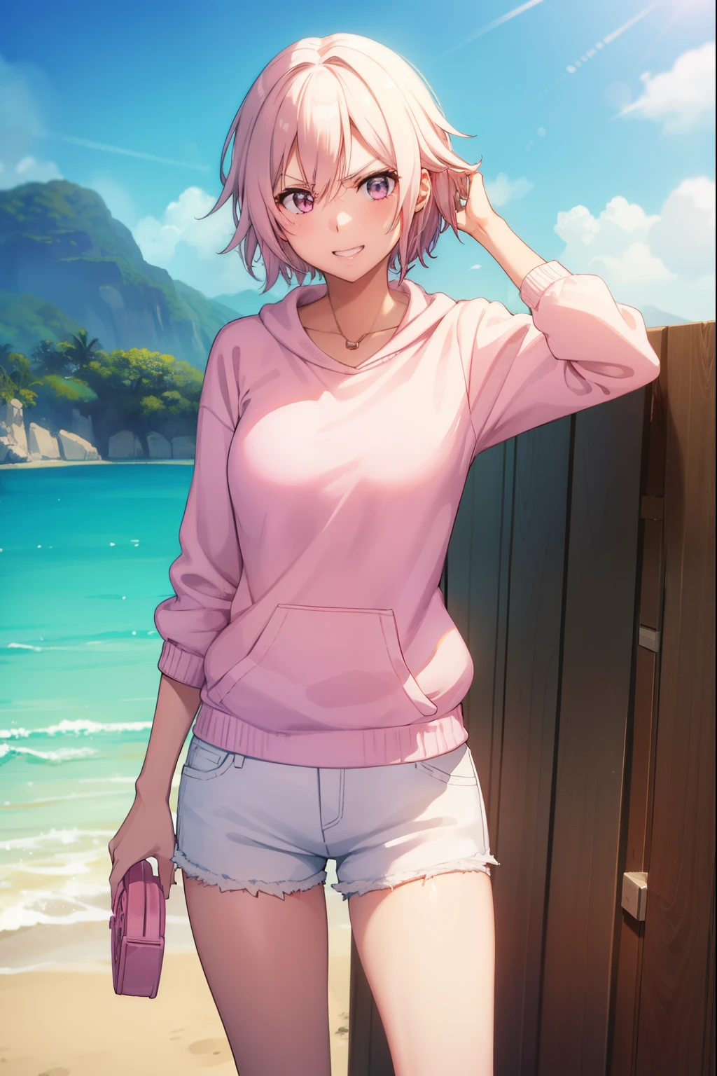 Cute girl, with sexy reddish-white skin,She is wearing a pink pullover, She wears short white, On an island, Women's white shorts, sexy body, Bright smile, Angry